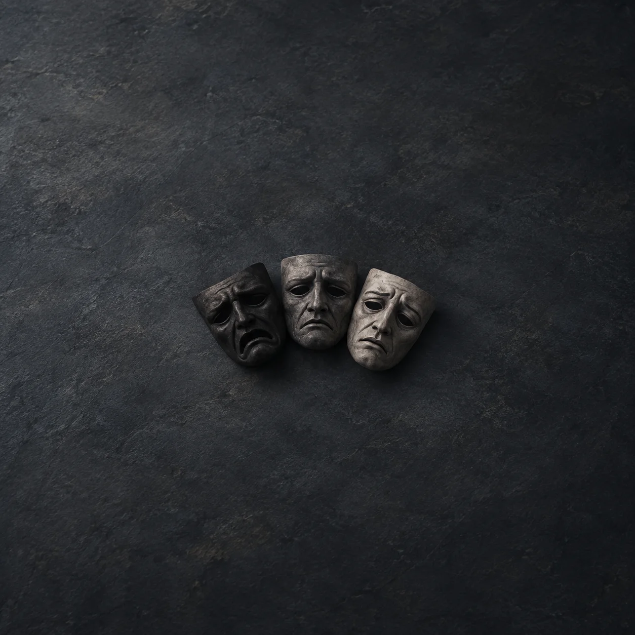 Three carved theatrical masks in black, charcoal and pale grey show different degrees of frowning against slate.