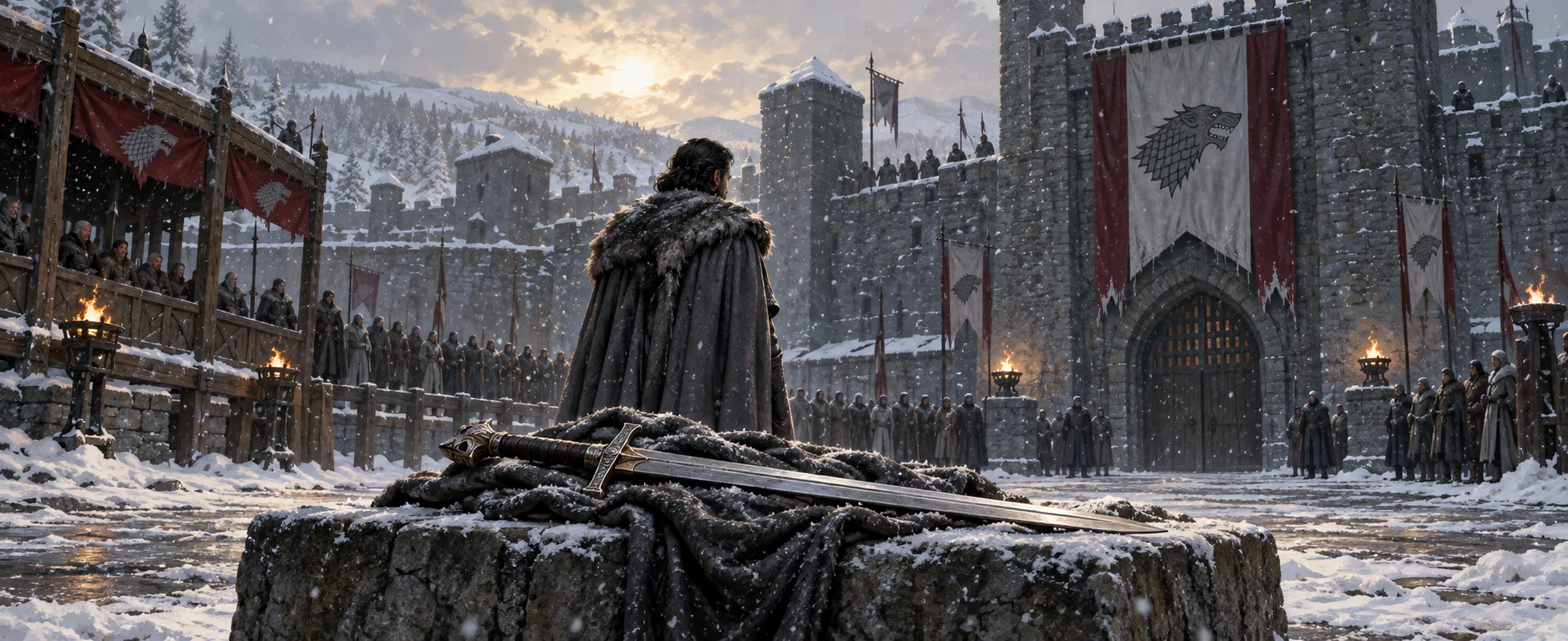A lord in a fur cloak stands by a stone block with a greatsword in a snowy castle courtyard, wolf banners hanging from the walls.