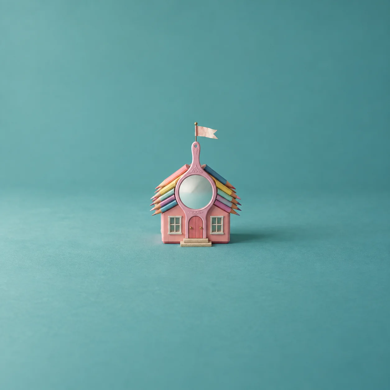 A small schoolhouse built from a hand mirror and colored pencils on a teal surface, topped with a crooked paper flag.