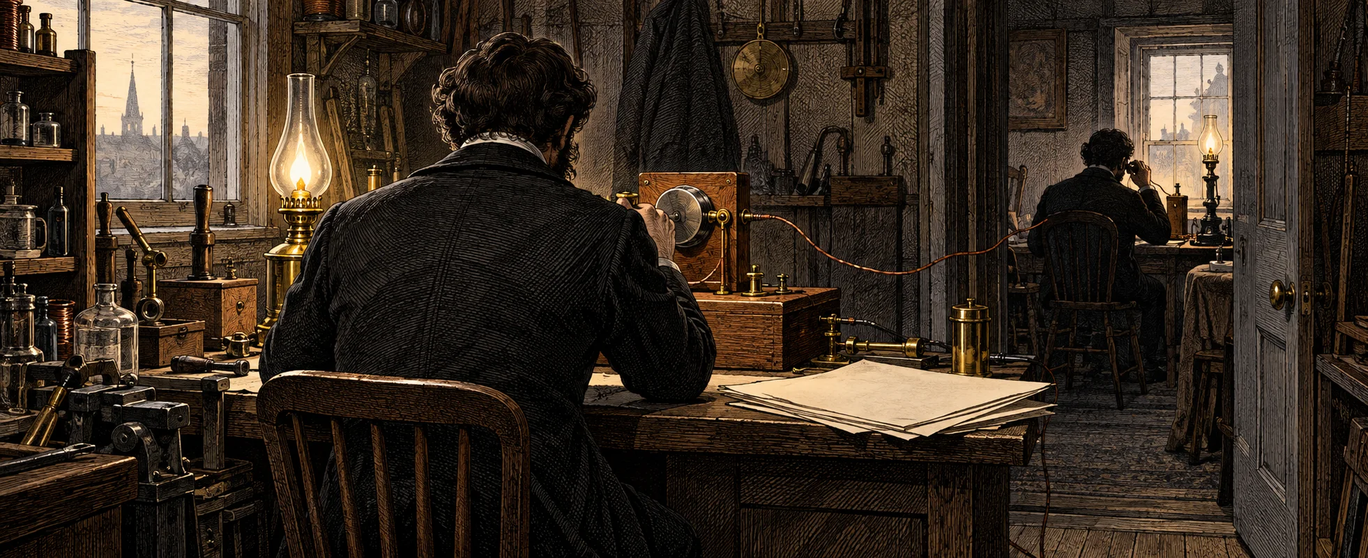 A man at a workbench with an early telephone apparatus, seen from behind, as another man listens in the next room.