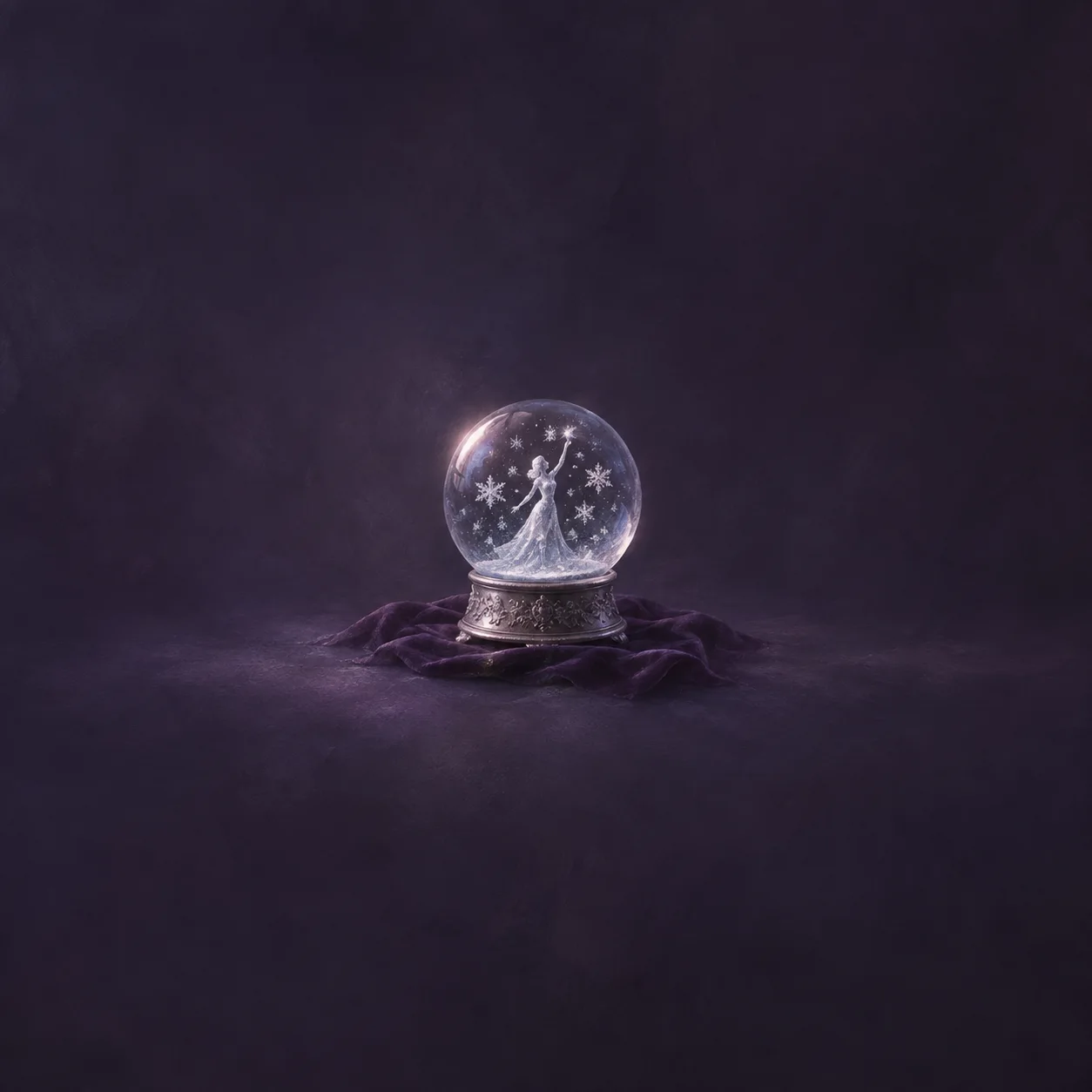 A snow globe containing a small pale figure and snowflake shapes rests on dark plum cloth.