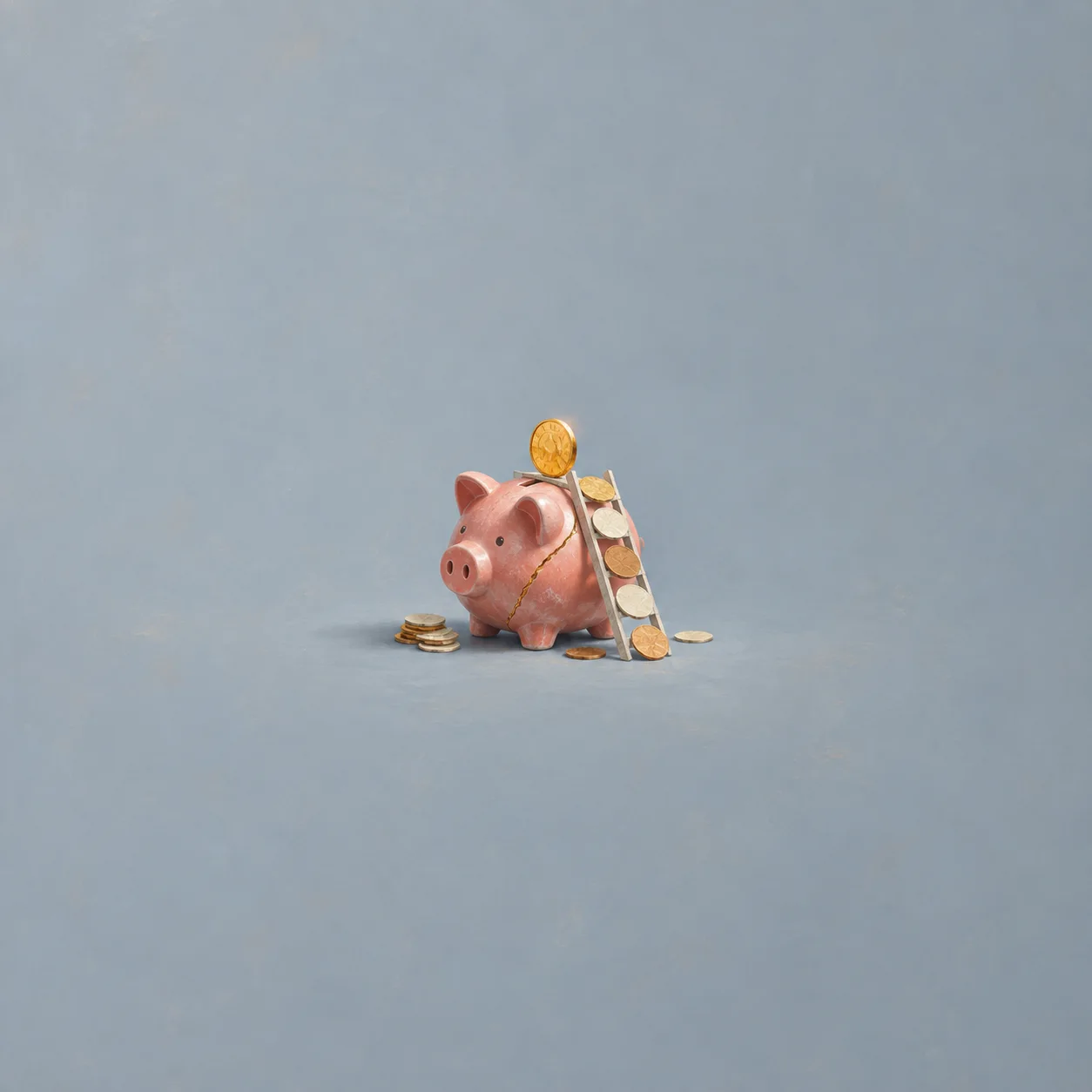 A cracked pink piggy bank stands beside a small ladder with coins on its rungs and a gold coin at the top.