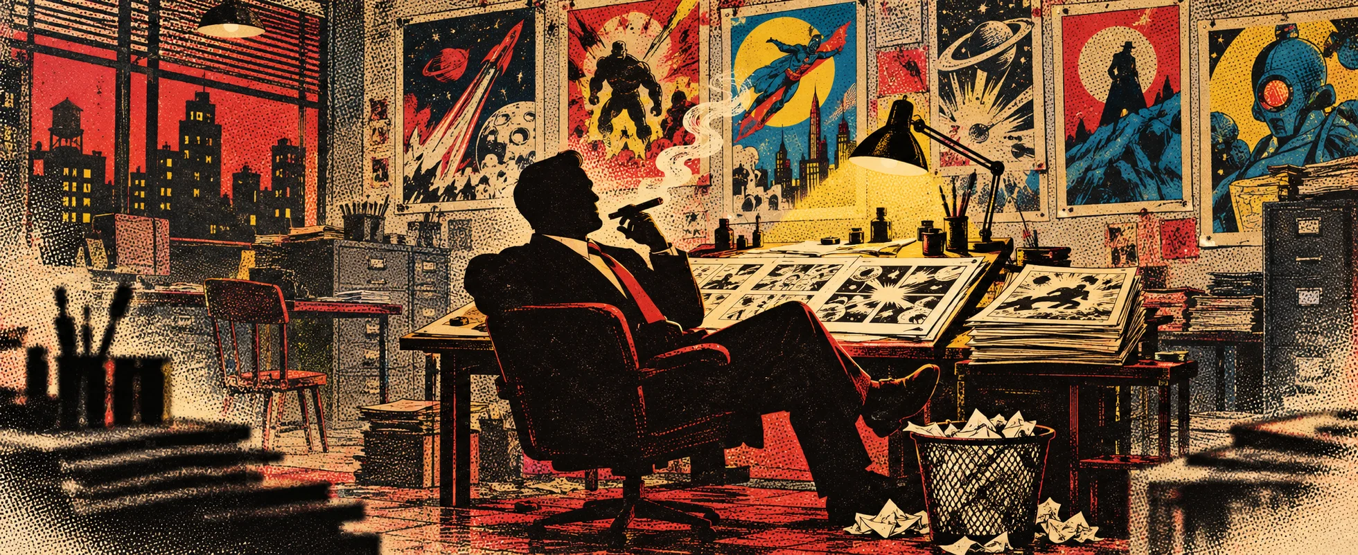 A man leans back at a drawing desk in a comics office lined with colourful cover art, a city skyline in the window.