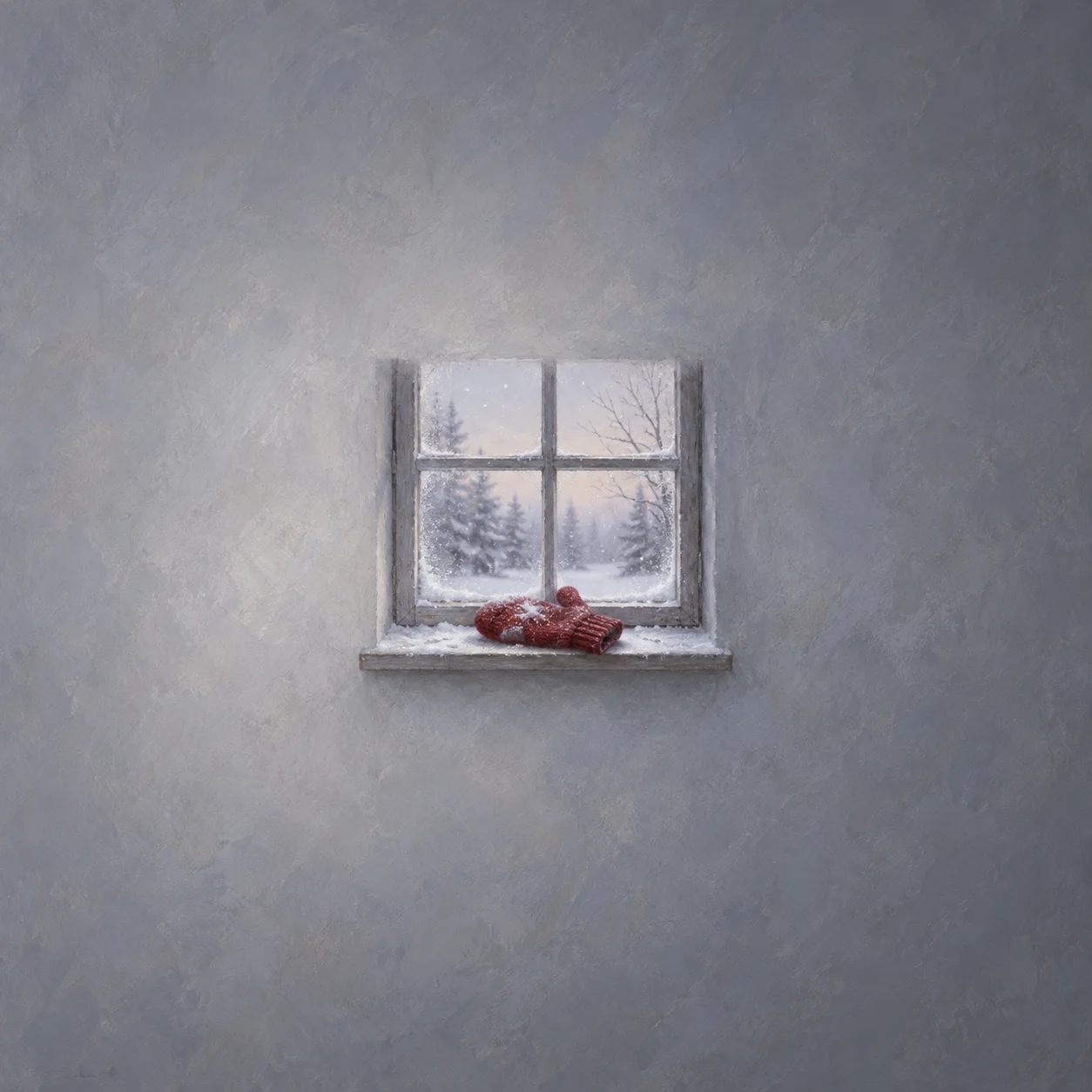 A red knitted mitten rests on a snowy windowsill overlooking winter trees.