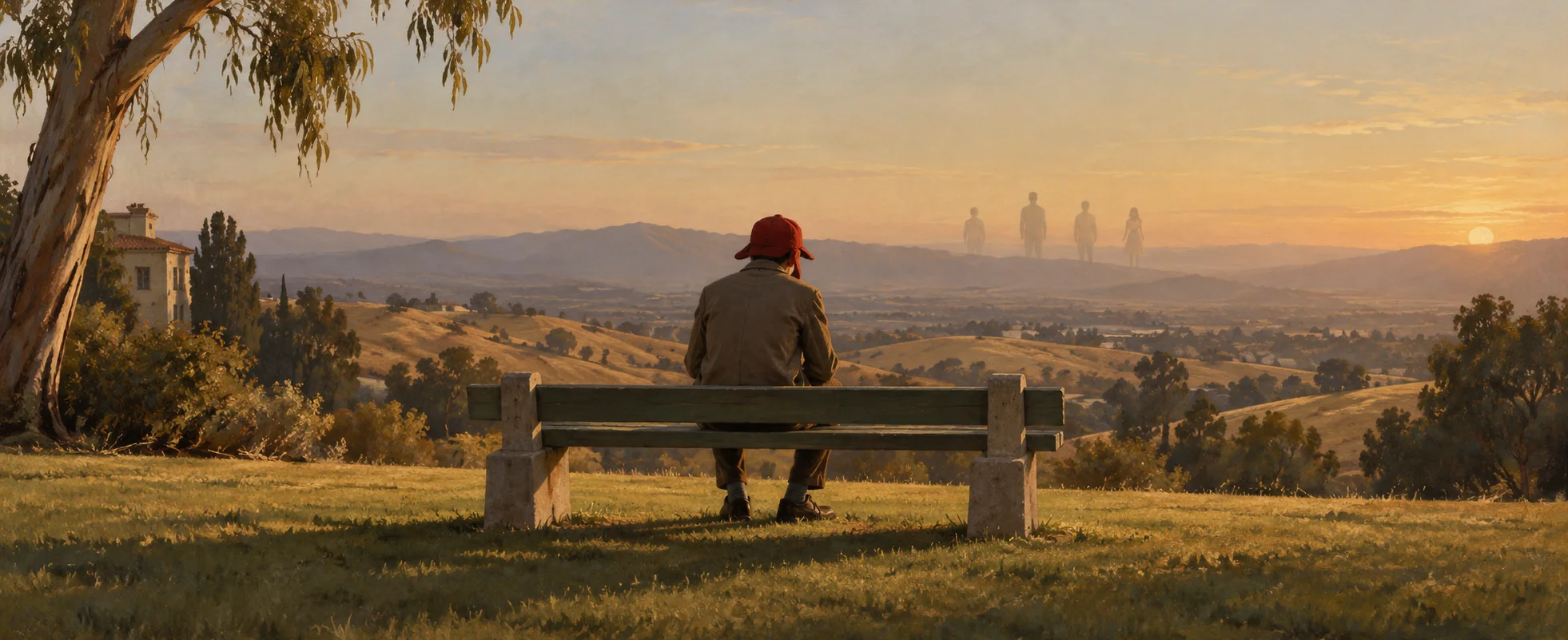 A teenager in a red hunting cap sits alone on a park bench, watching hazy figures on the hills at sunset.
