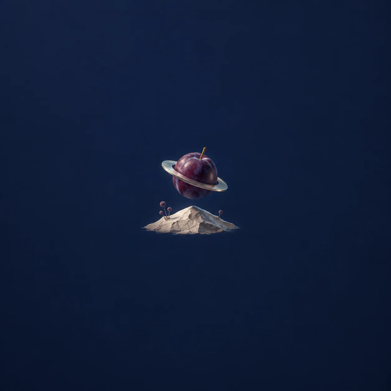 A purple plum encircled by a silver ring floating above a small pale paper mountain against a dark blue background.