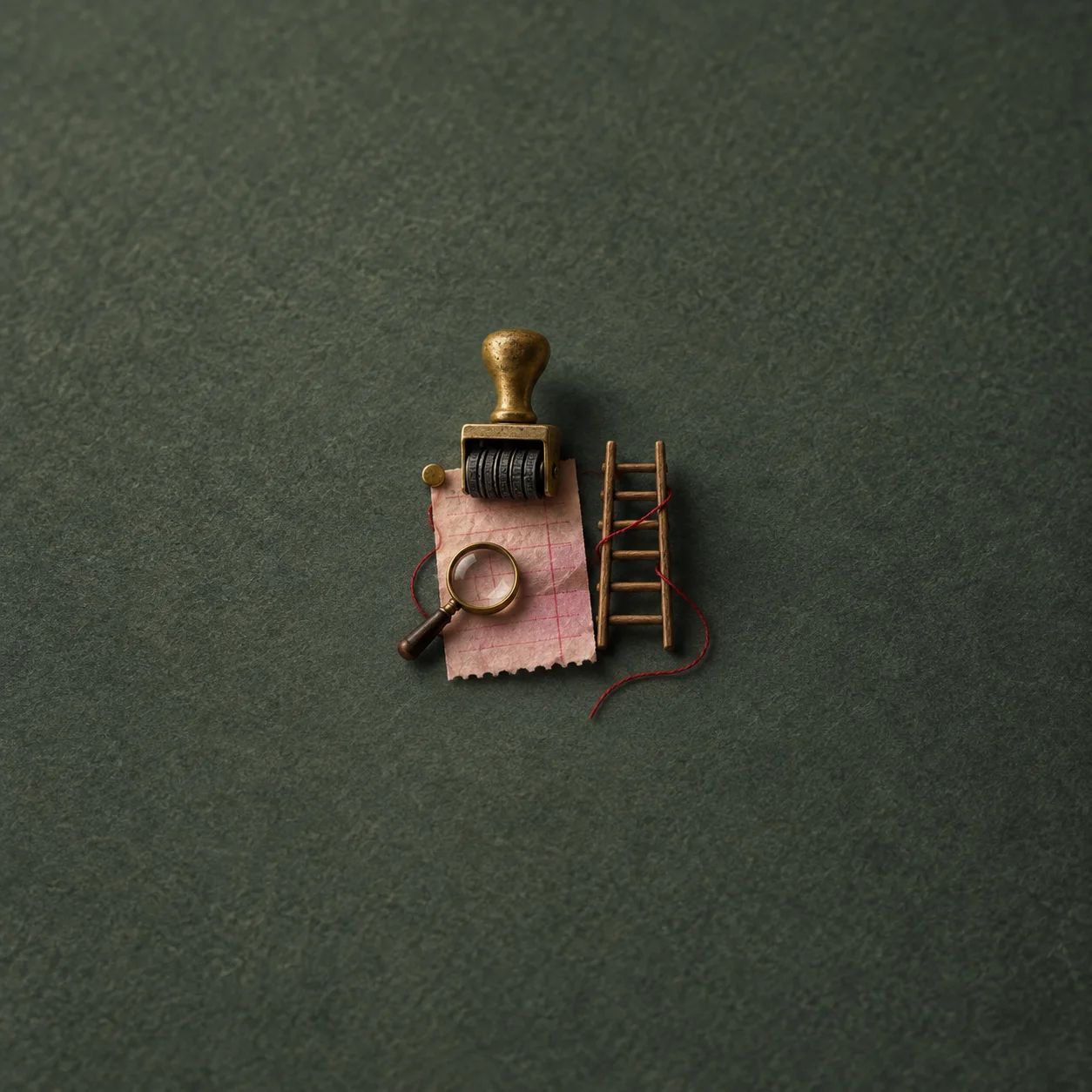 A magnifying glass over a small pink slip with a brass date stamp and a red thread looped around a toy ladder.