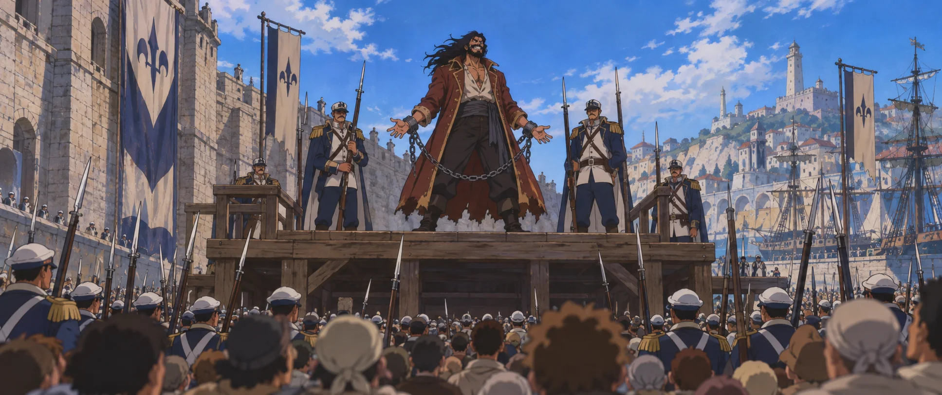 Anime illustration: a long-haired, bearded man in a tattered red coat and wrist chains stands grinning with arms open on a wooden scaffold, ringed by uniformed guards and a vast crowd before a stone fortress and a harbour of tall ships.