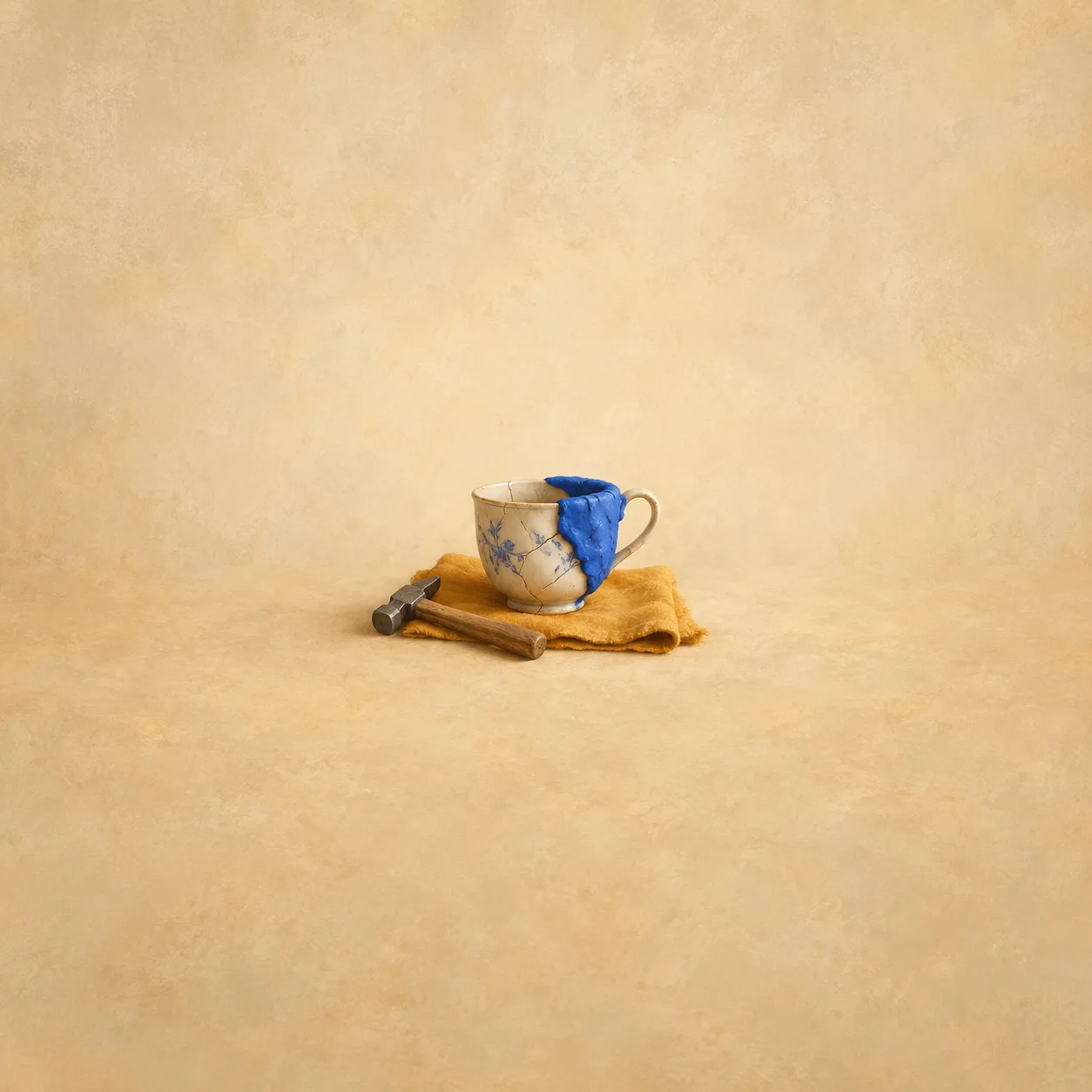 A cracked teacup patched with a large blob of blue putty beside a tiny hammer on ochre cloth.