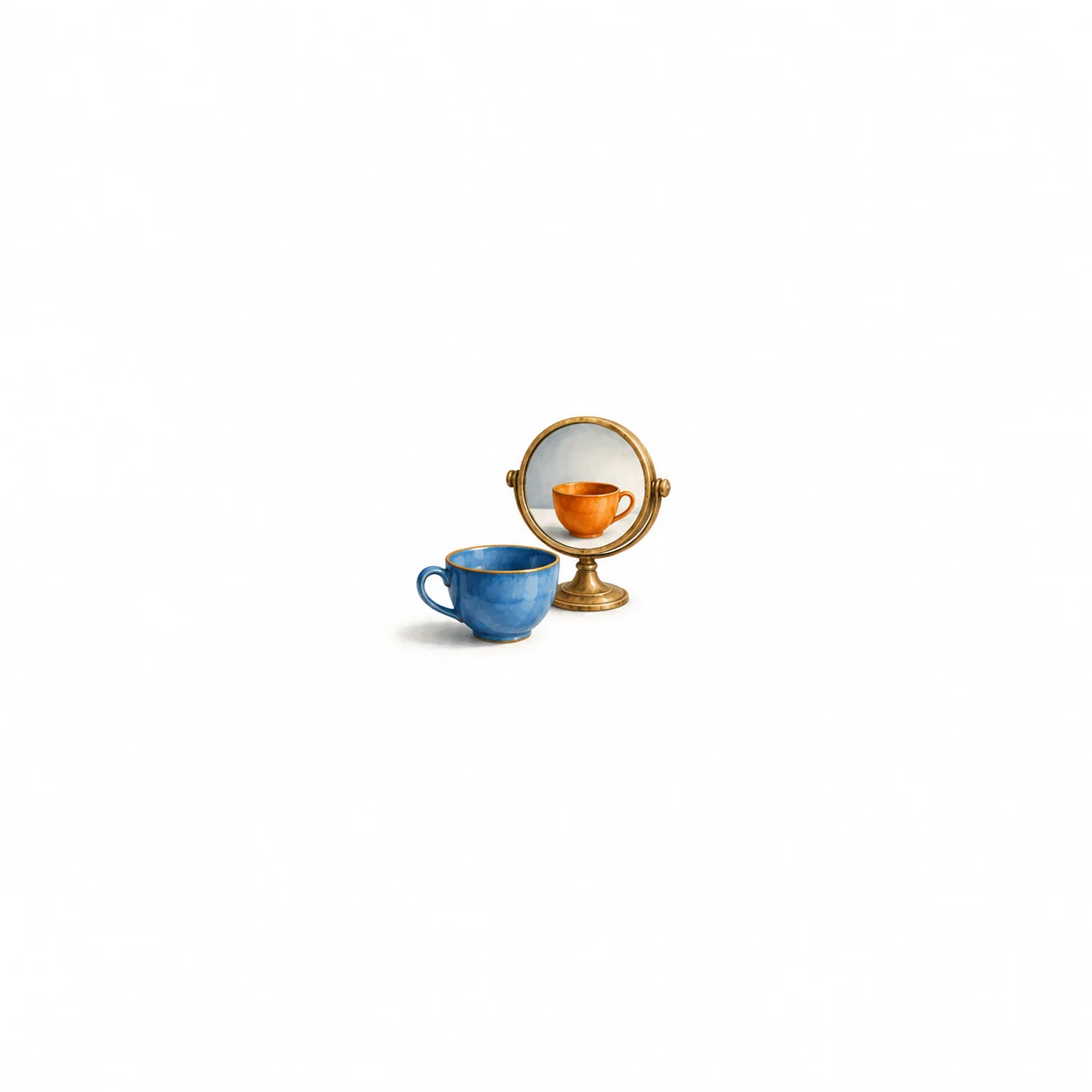 A blue teacup faces a small brass mirror that reflects an orange teacup.