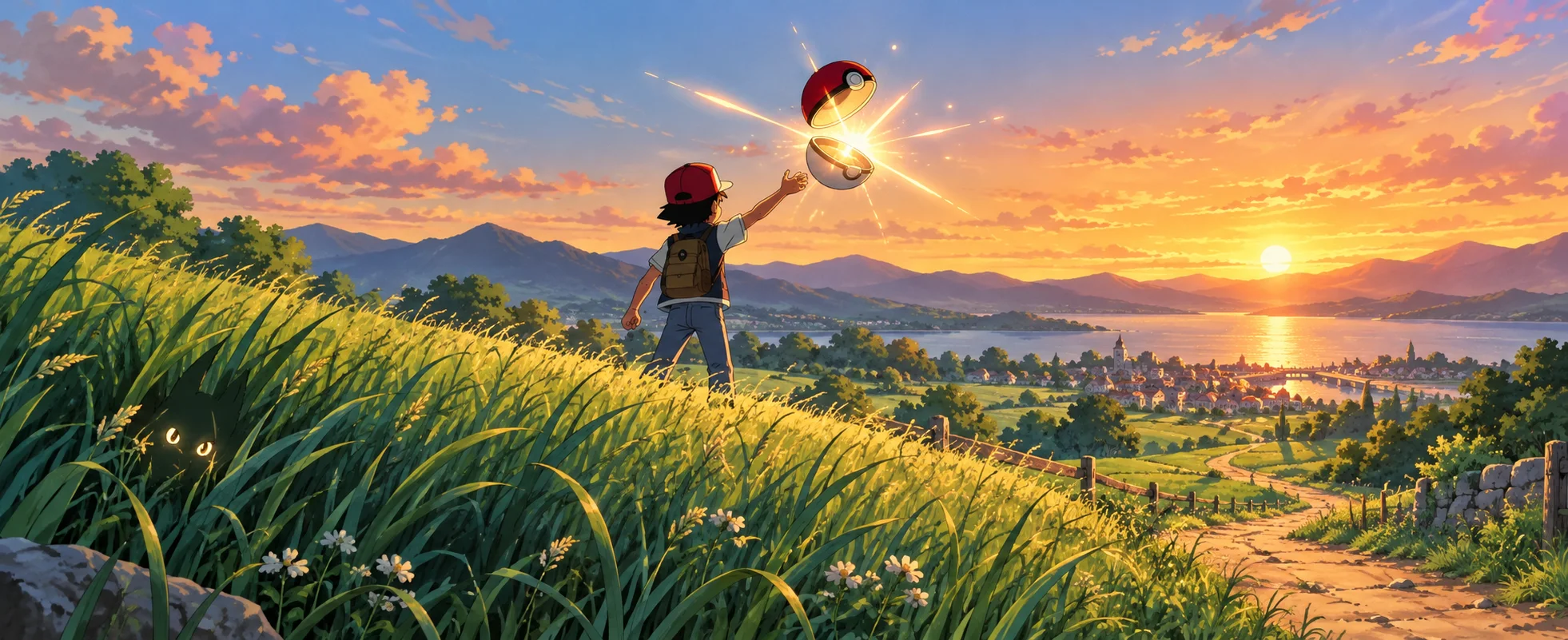 A young trainer in a red cap and backpack throws a red-and-white capsule ball over a golden-hour meadow of tall grass, a pair of eyes peeking from the grass and a town by a lake in the distance.