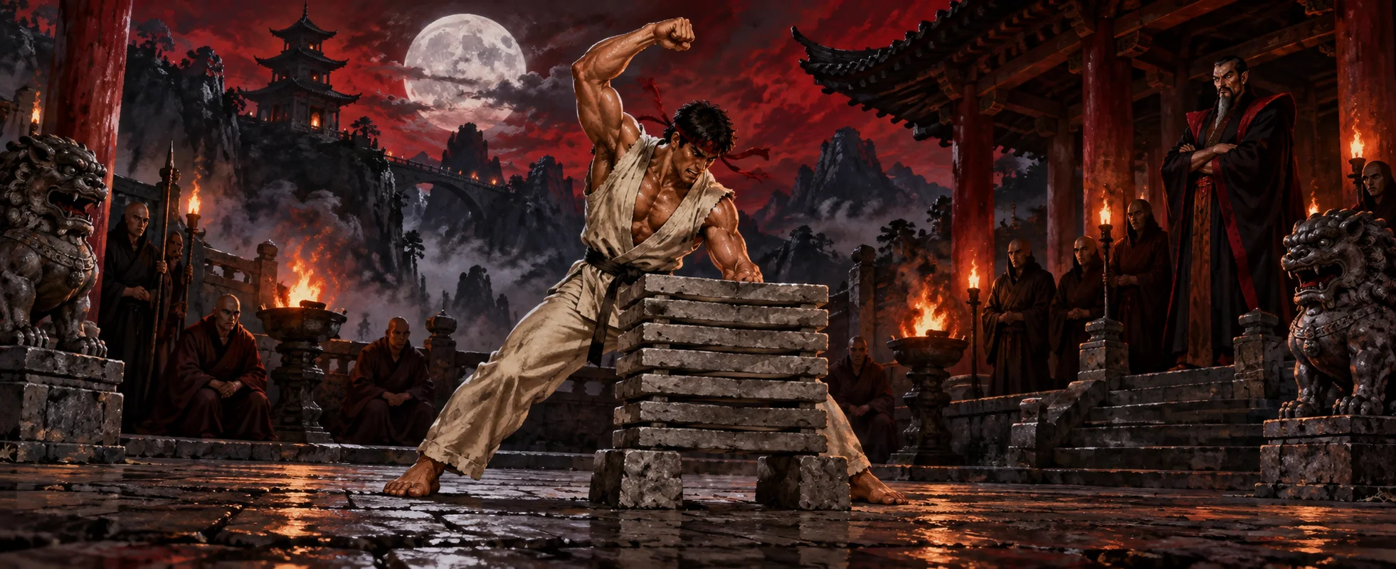 A martial artist in a gi raises his fist over a stack of stone slabs in a moonlit temple courtyard as monks watch.