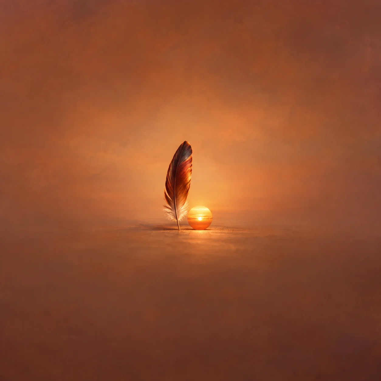 A reddish-brown feather stands upright beside a glowing orange orb in warm golden light.