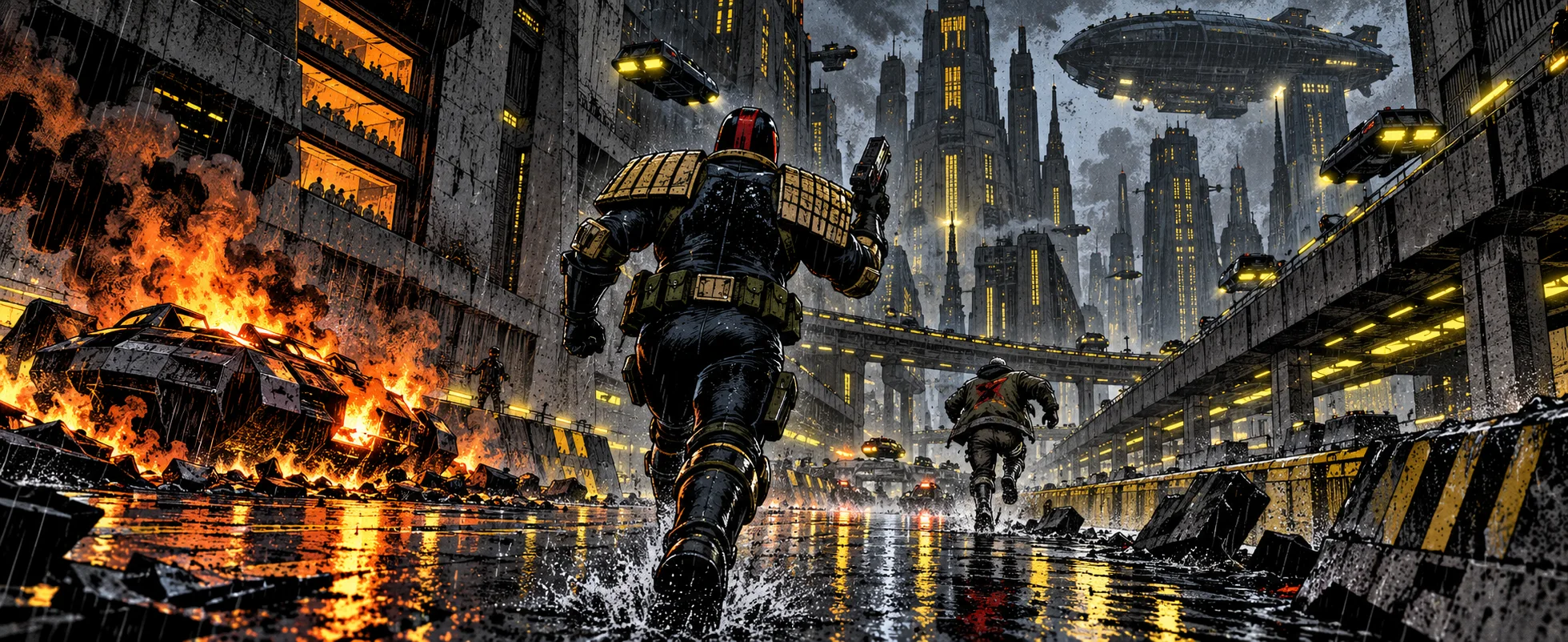 Comic-style illustration of a helmeted Judge in black armour and gold shoulder pads chasing a fleeing figure down a rain-slick Mega-City street, a hover-car burning beside them under giant tower blocks.