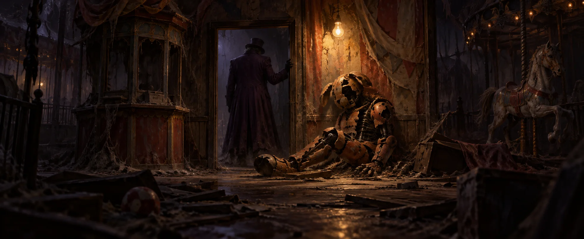 A shadowy figure in a hat looms in the doorway of a derelict pizzeria workshop beside a slumped animatronic.