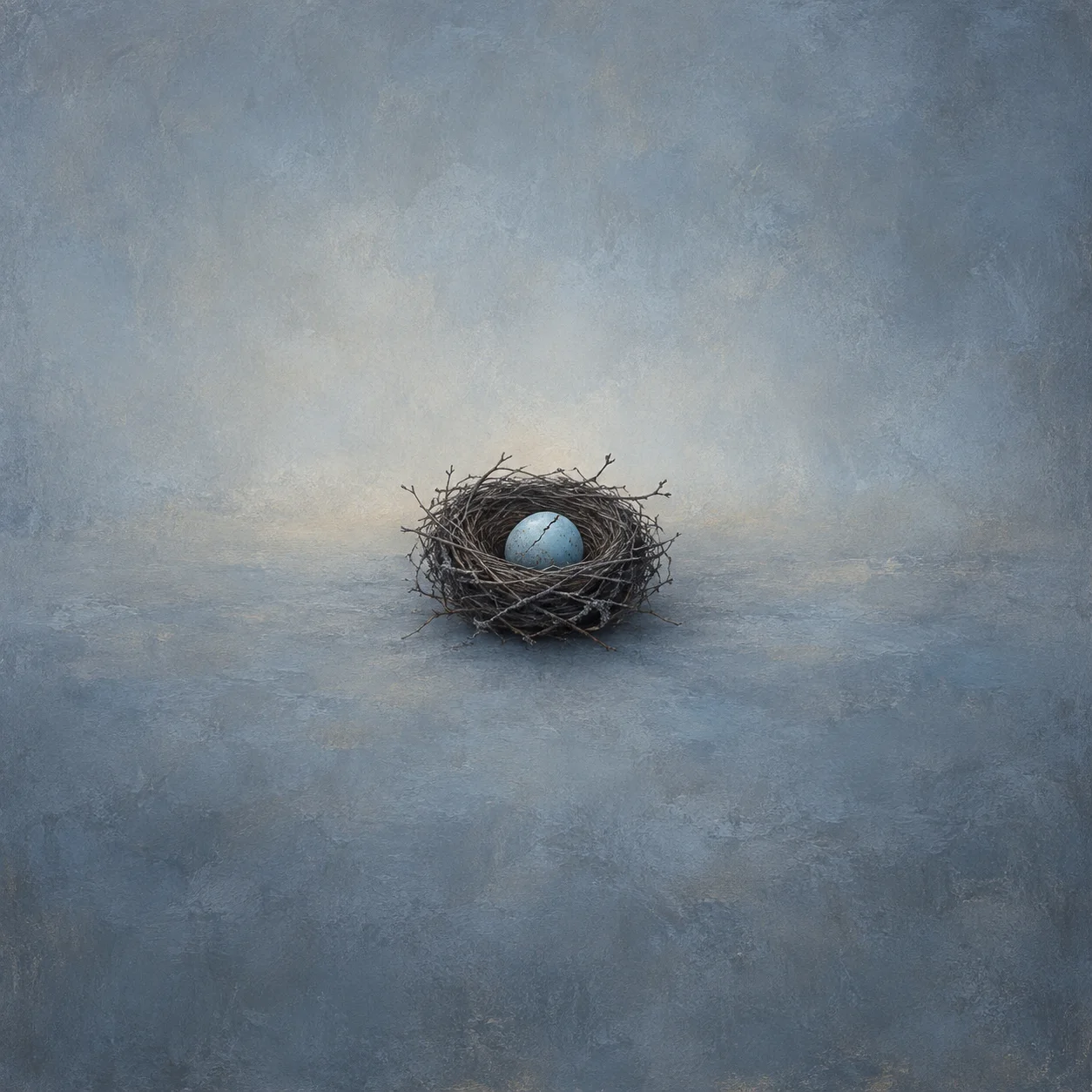 Painterly cracked pale blue egg resting in a dark twig nest.