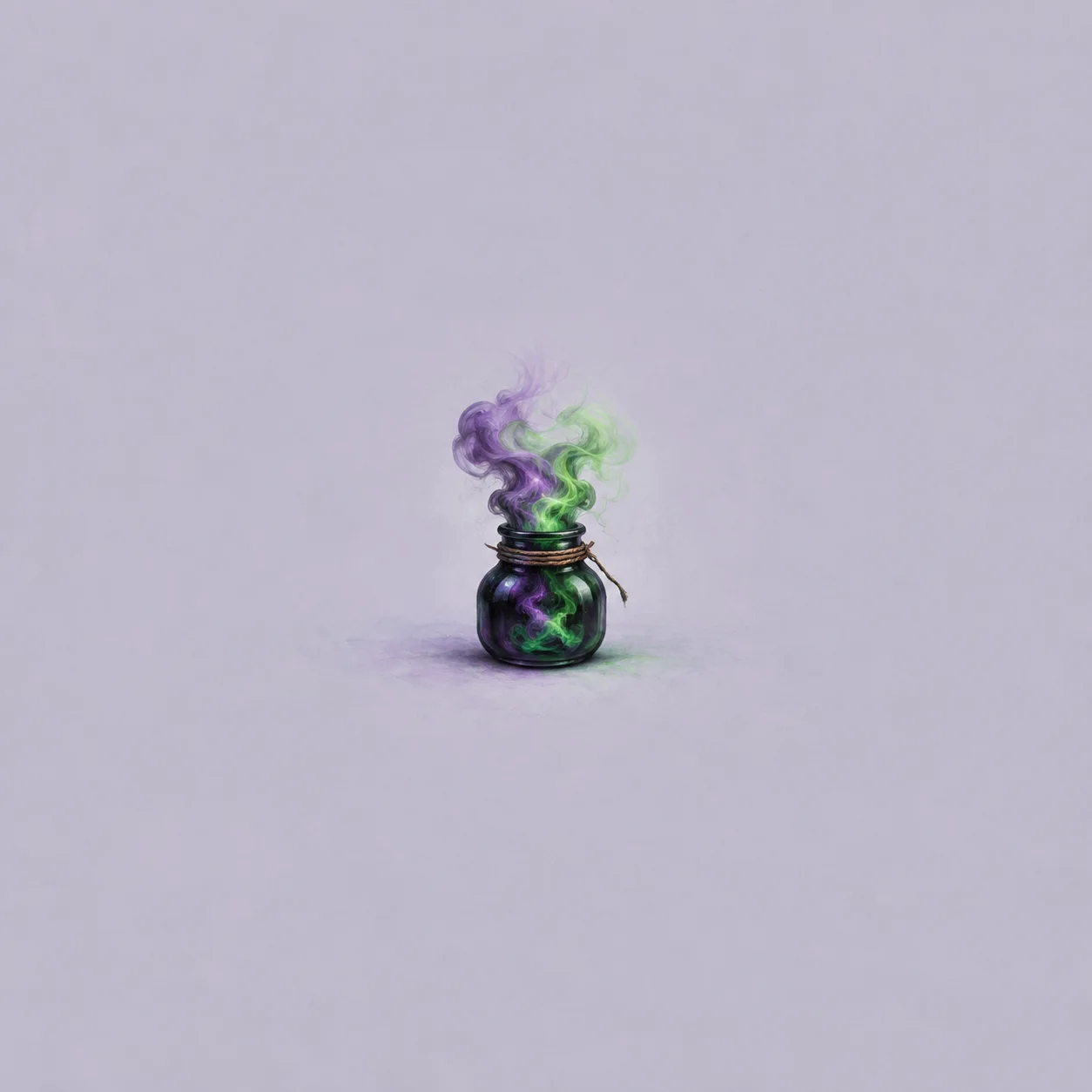 Purple and green smoke curls from a small dark glass jar tied with string on pale lilac.