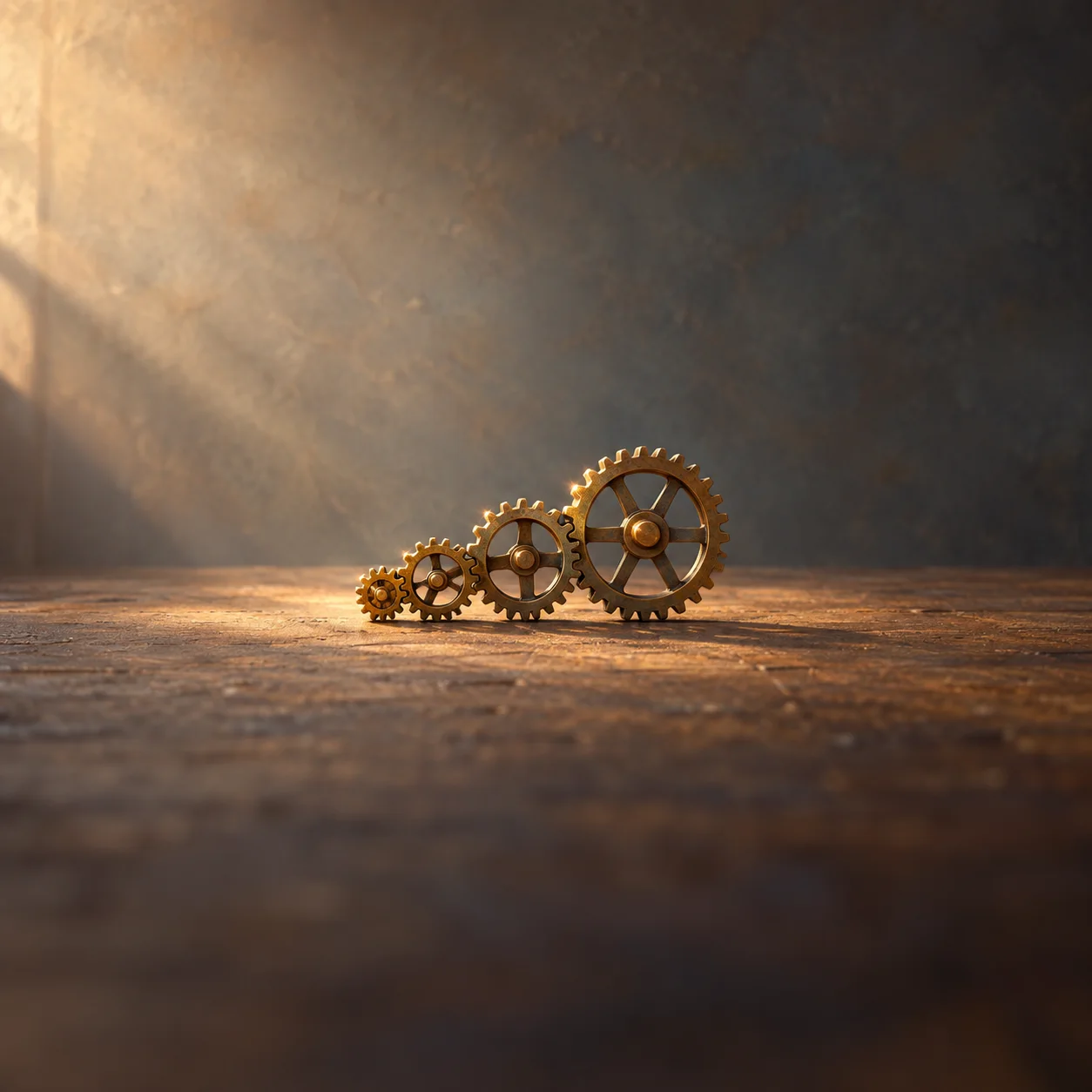 Four brass gears of increasing size mesh together on a wooden surface in warm light.