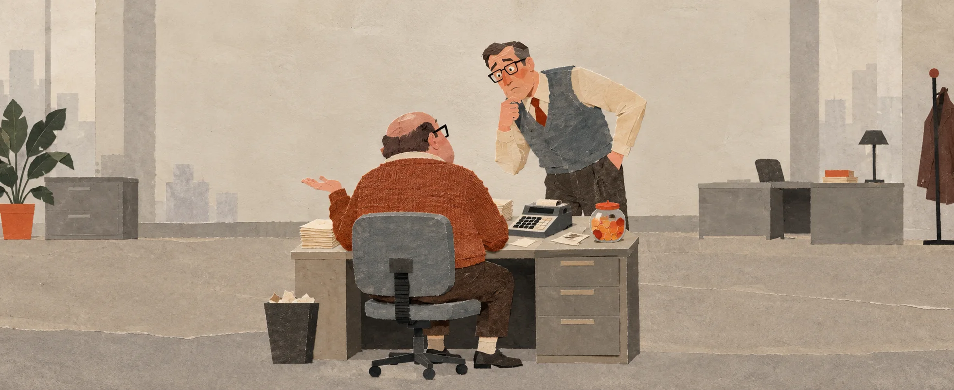 A stout accountant in a sweater shrugs at his desk with a calculator and candy jar as a manager in a sweater vest leans in, baffled.