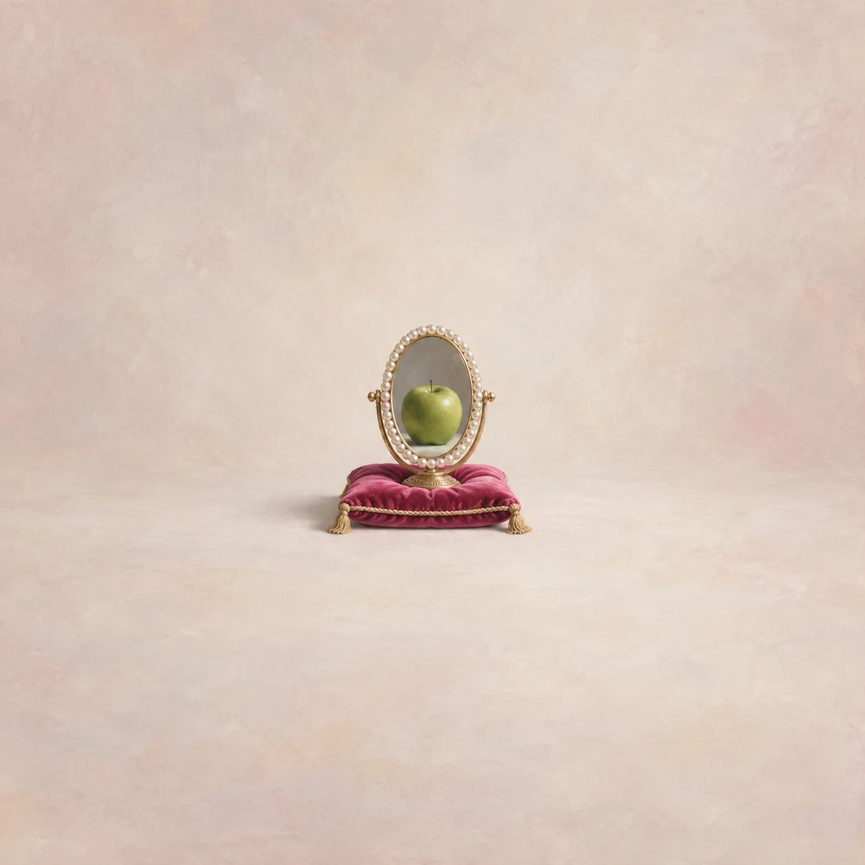An oval mirror reflecting a green apple on a hot-pink velvet cushion.