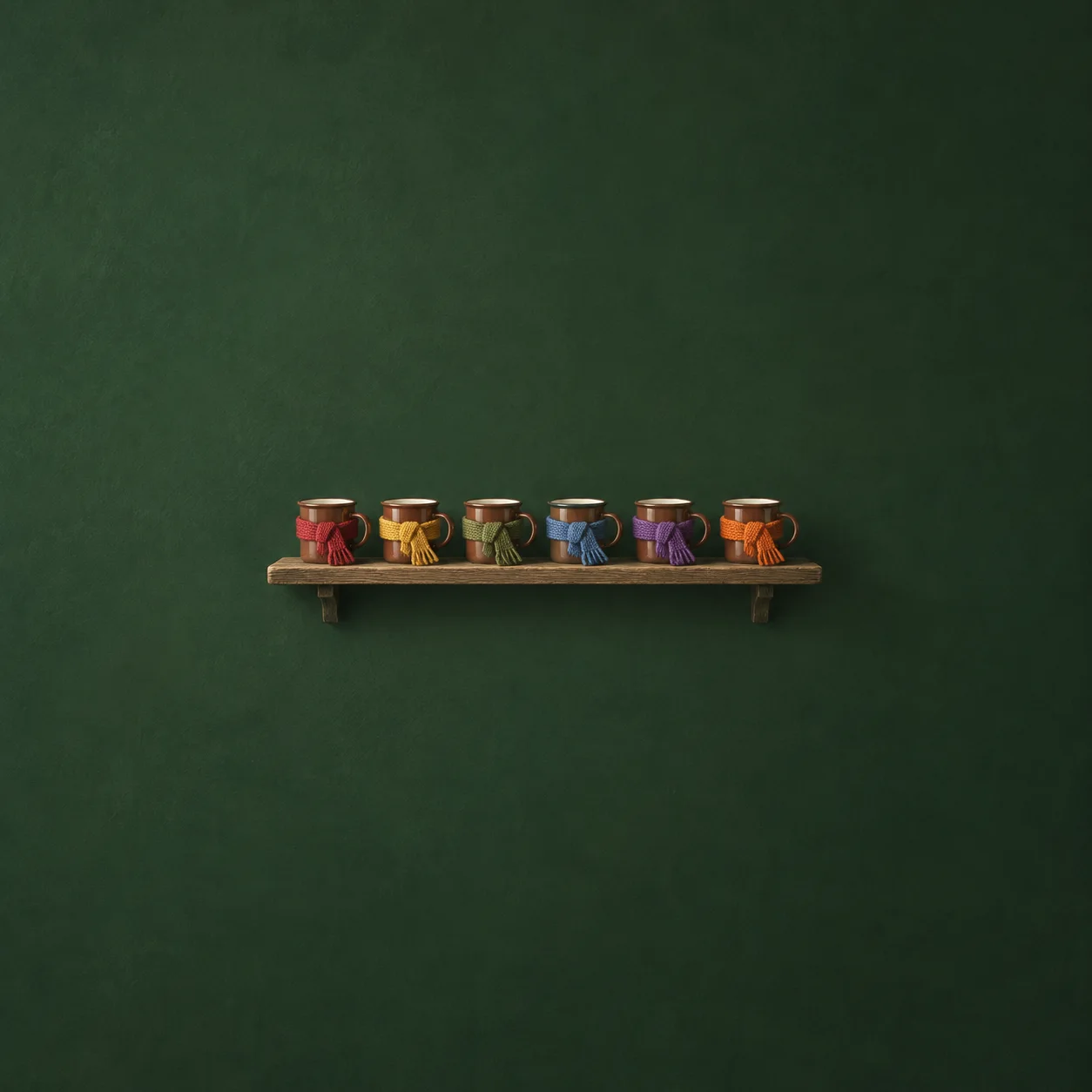 A row of six coloured enamel mugs wears small contrasting scarves on a shelf against forest green.
