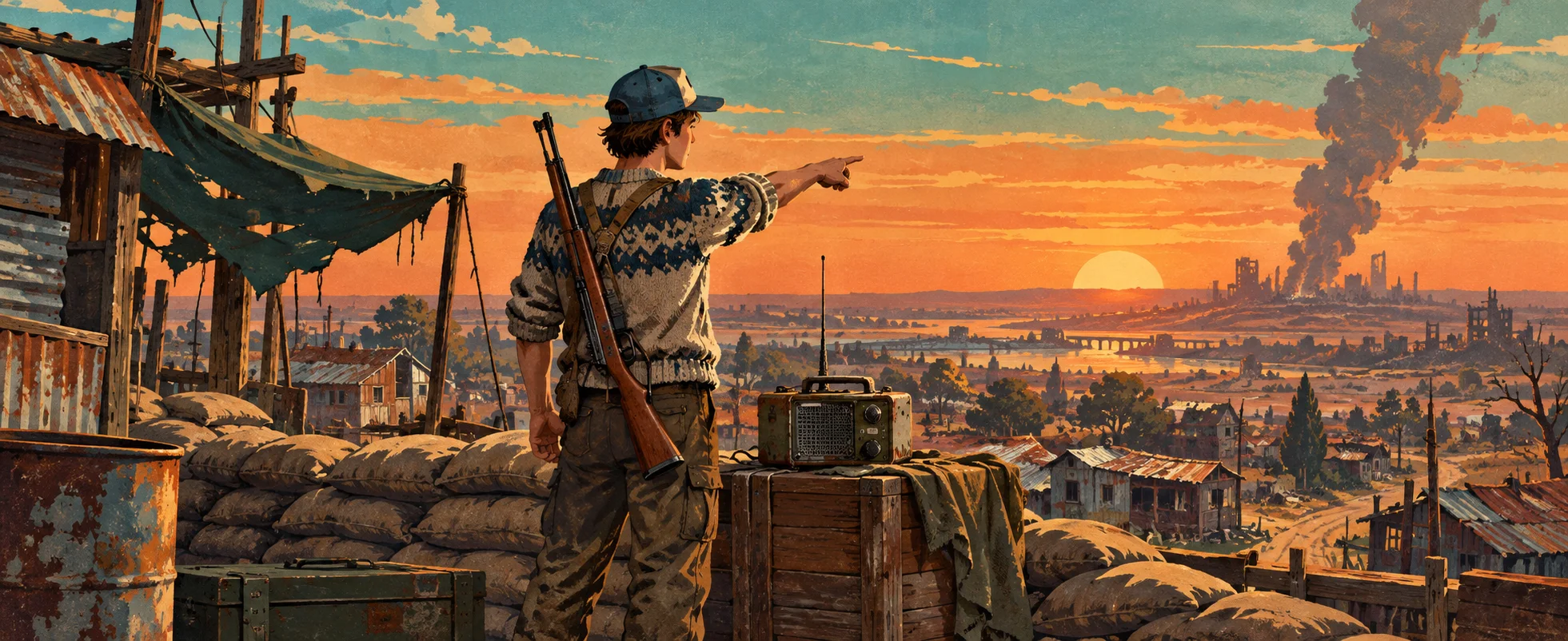 A man in a cap with a rifle points across a ruined settlement toward smoke on the horizon at sunset.