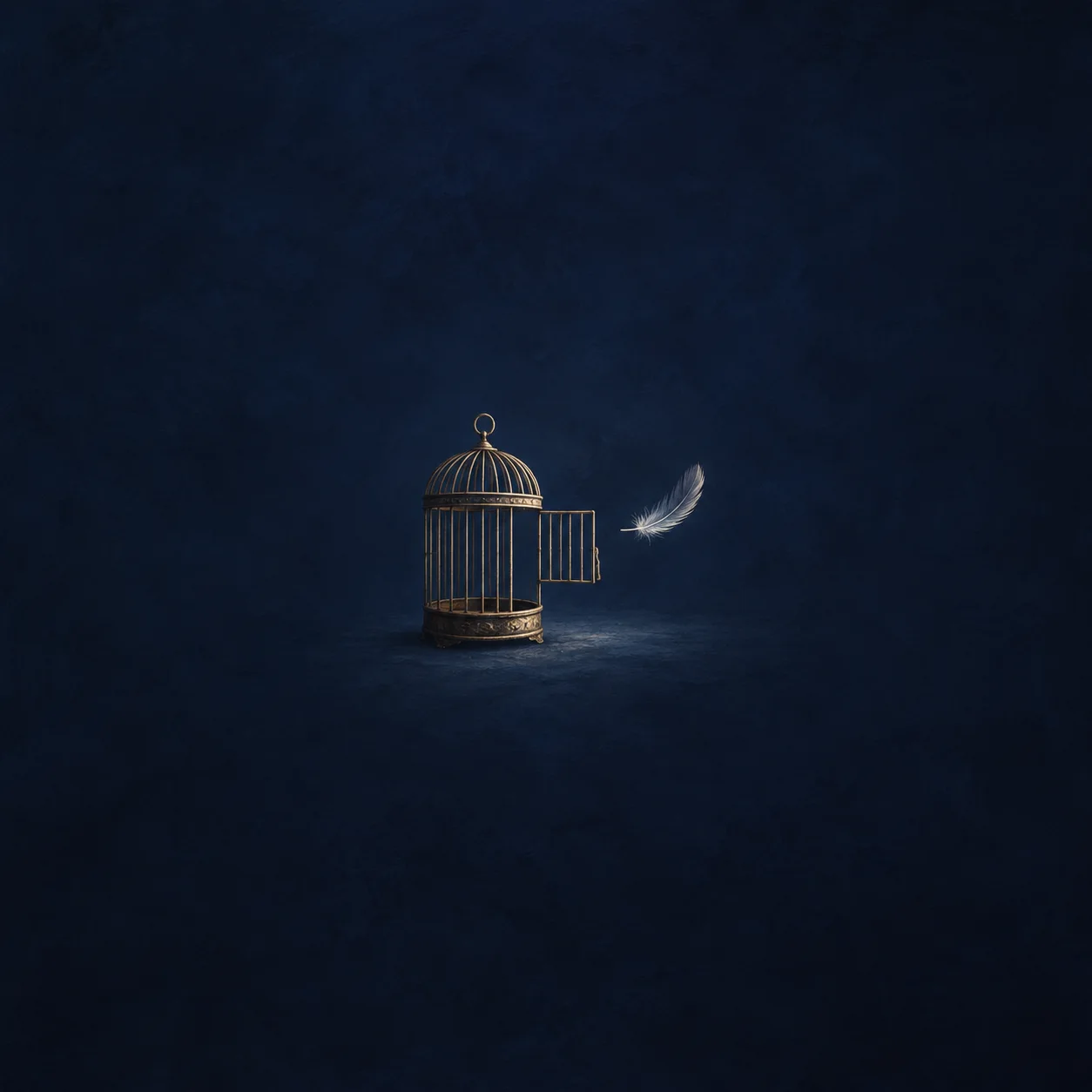 A brass birdcage stands with its door open as a pale feather floats beside it against a dark blue background.