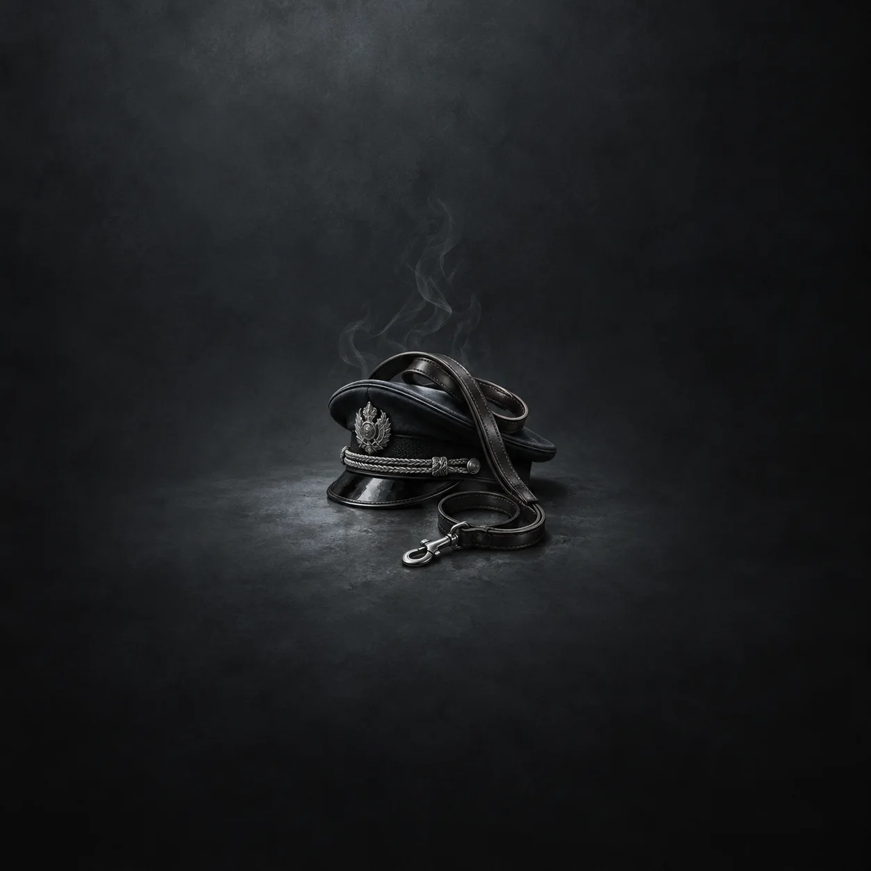 Painterly black officer cap draped with a coiled black leash and faint rising smoke against charcoal.
