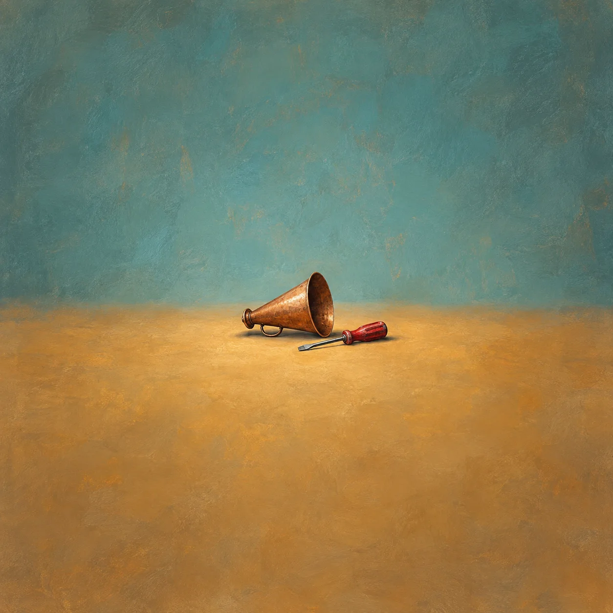 A copper megaphone beside a red-handled screwdriver on an ochre surface against a teal wall.