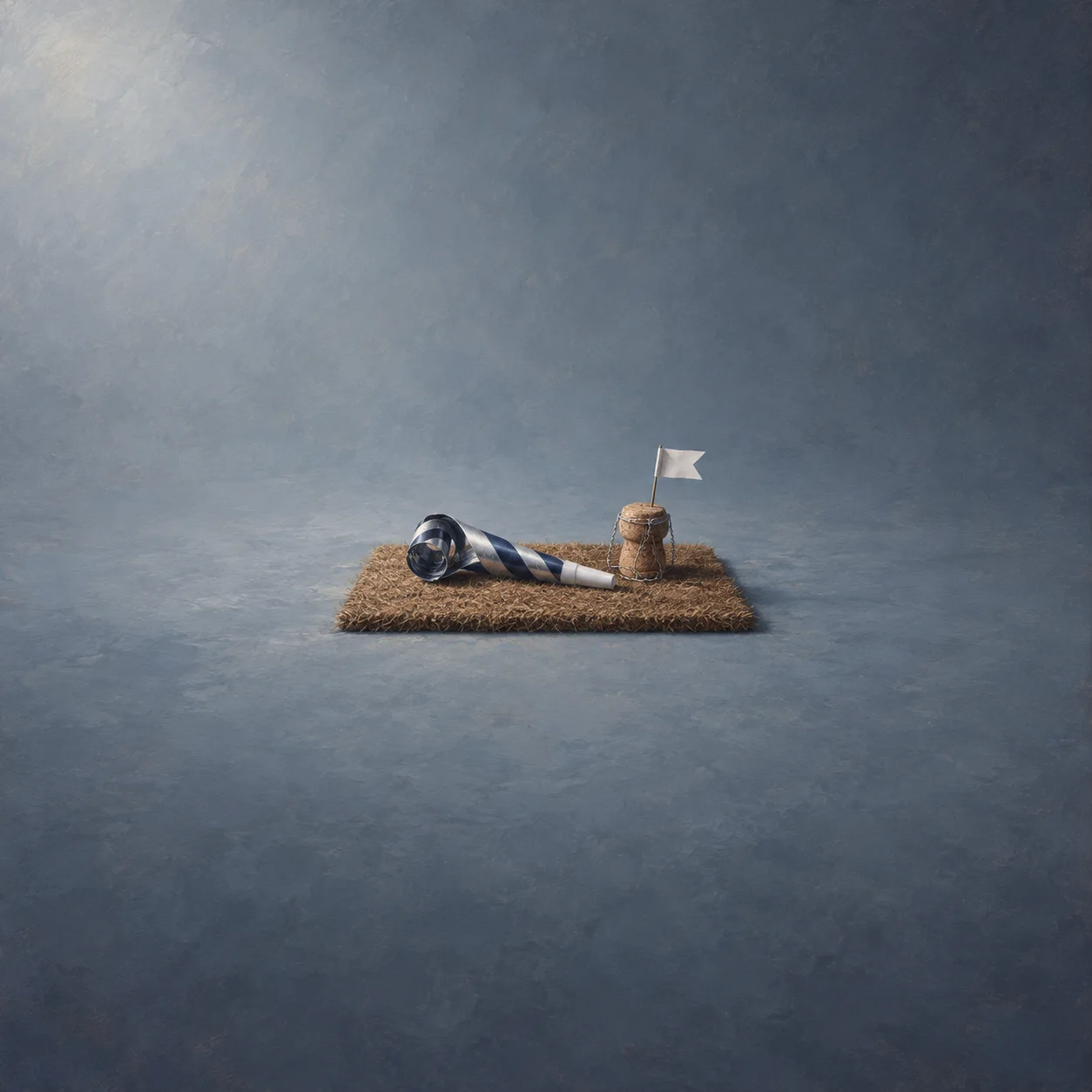 A striped party horn lies beside a white flag planted in a cork on a coir mat.