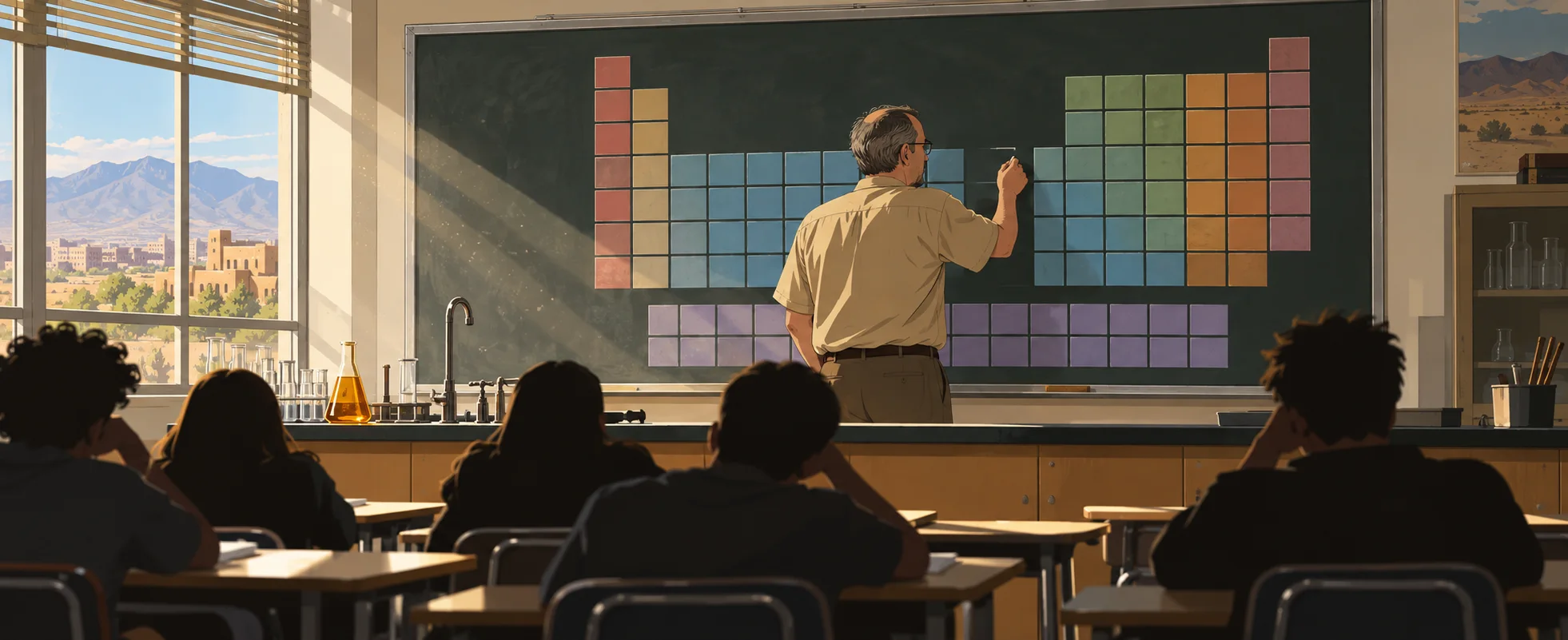 Flat illustration of a high-school chemistry classroom in bright desert light: a balding teacher in a tan shirt at a blackboard of coloured periodic-table tiles, students seen from behind.