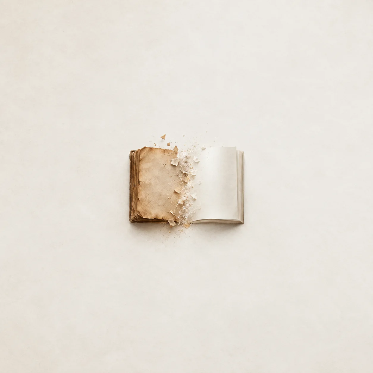 An open book has aged, crumbling pages on the left and clean blank pages on the right against a cream background.