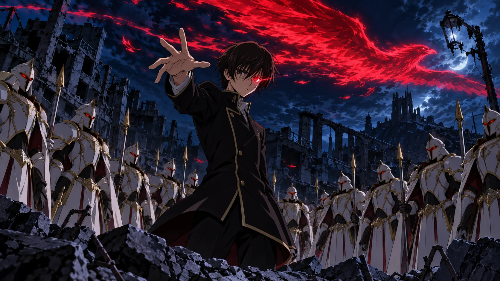 Anime illustration: a dark-haired young man in a black uniform with one glowing red eye stretches out a commanding hand amid ruins, a huge red firebird streaking across the night sky above rows of silent, white-armoured knights with red-lit visors.