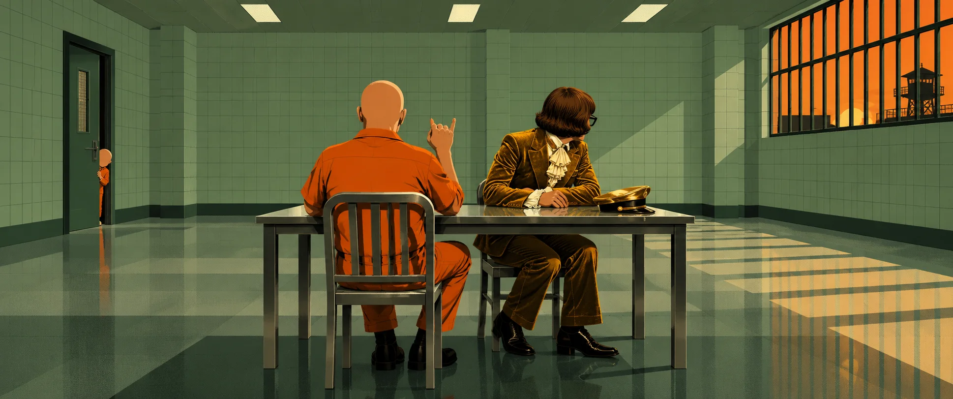 A pale green prison visiting room: a bald prisoner in an orange jumpsuit with his little finger raised sits across a steel table from a man in a brown velvet suit, a tiny figure peeking round the door.
