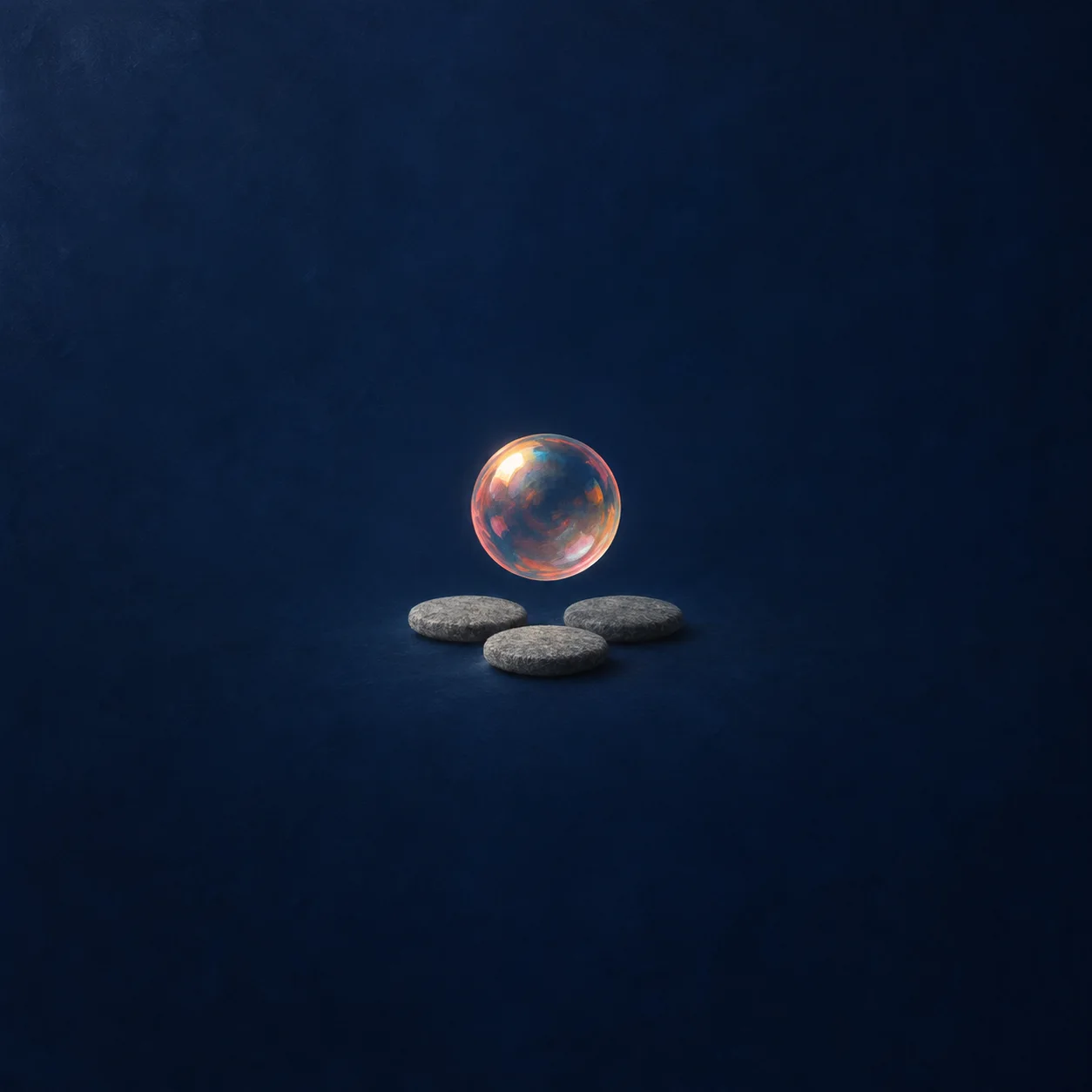 An iridescent pink bubble floats above three flat grey stones against dark blue.
