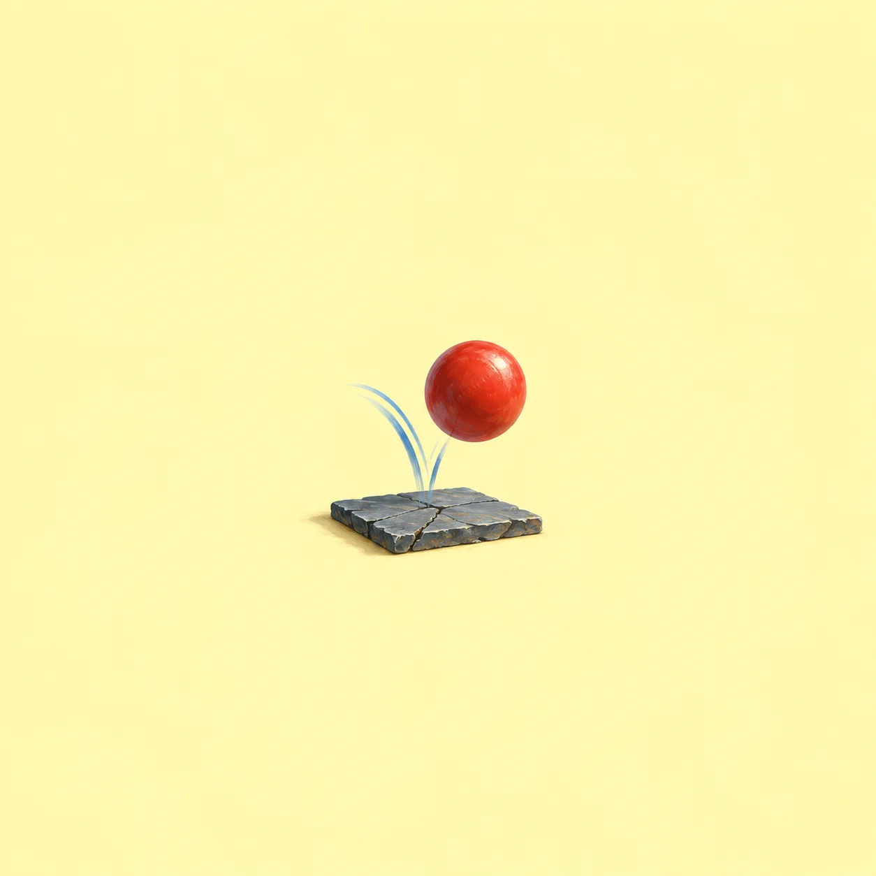 A glossy red rubber ball bouncing above a cracked slate tile against a pale yellow background.
