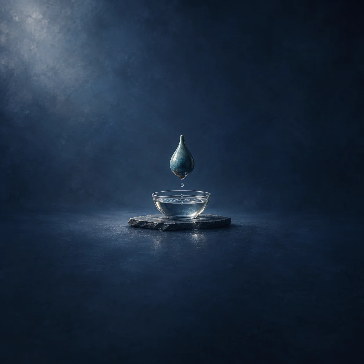 A teal teardrop suspended above a glass bowl of water on a dark ledge.