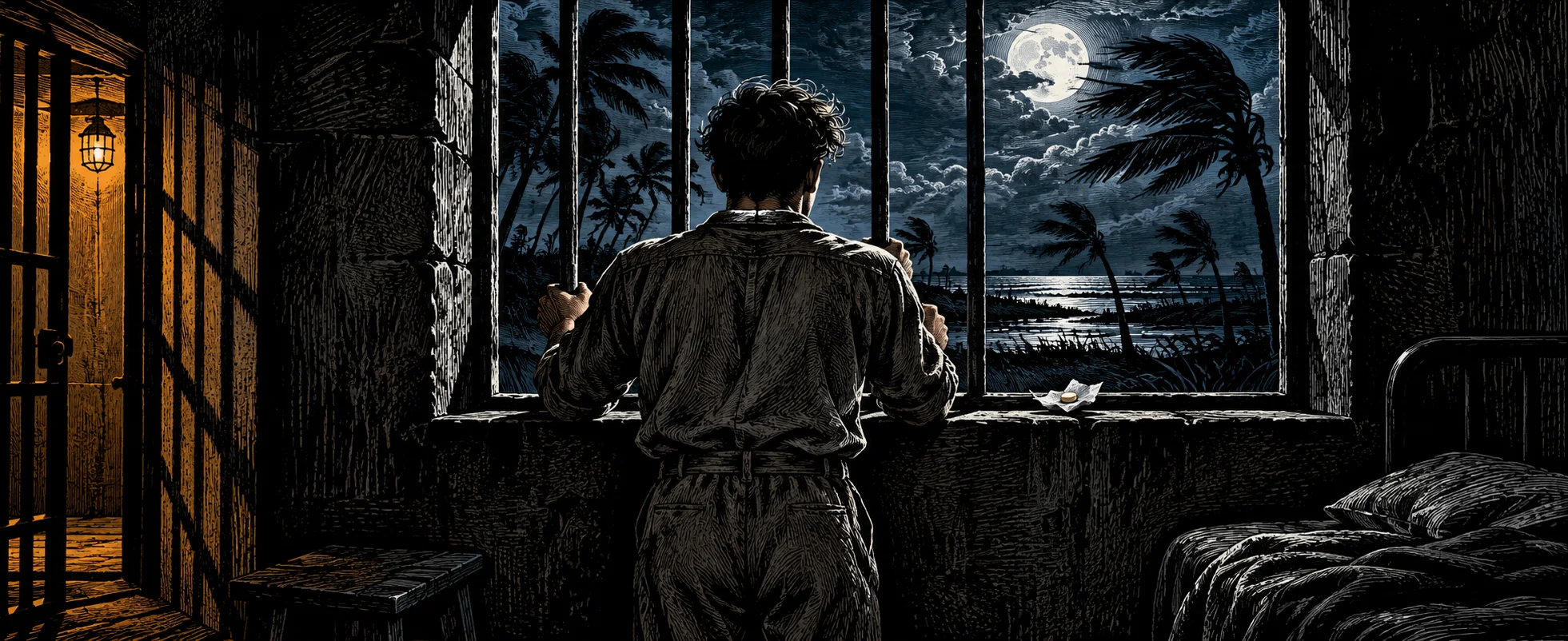 A woodcut of a prisoner at a barred cell window at night, wind tossing palm trees under the moon, a small pill untouched on the ledge.