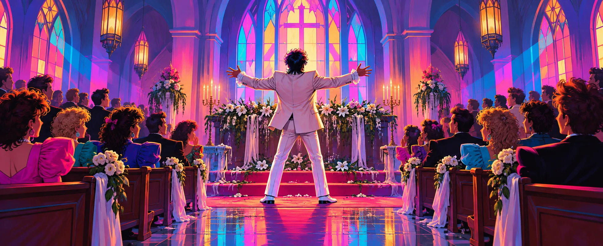 A young man in a white 1980s tuxedo throws his arms out at the altar of a neon-lit church full of wedding guests.