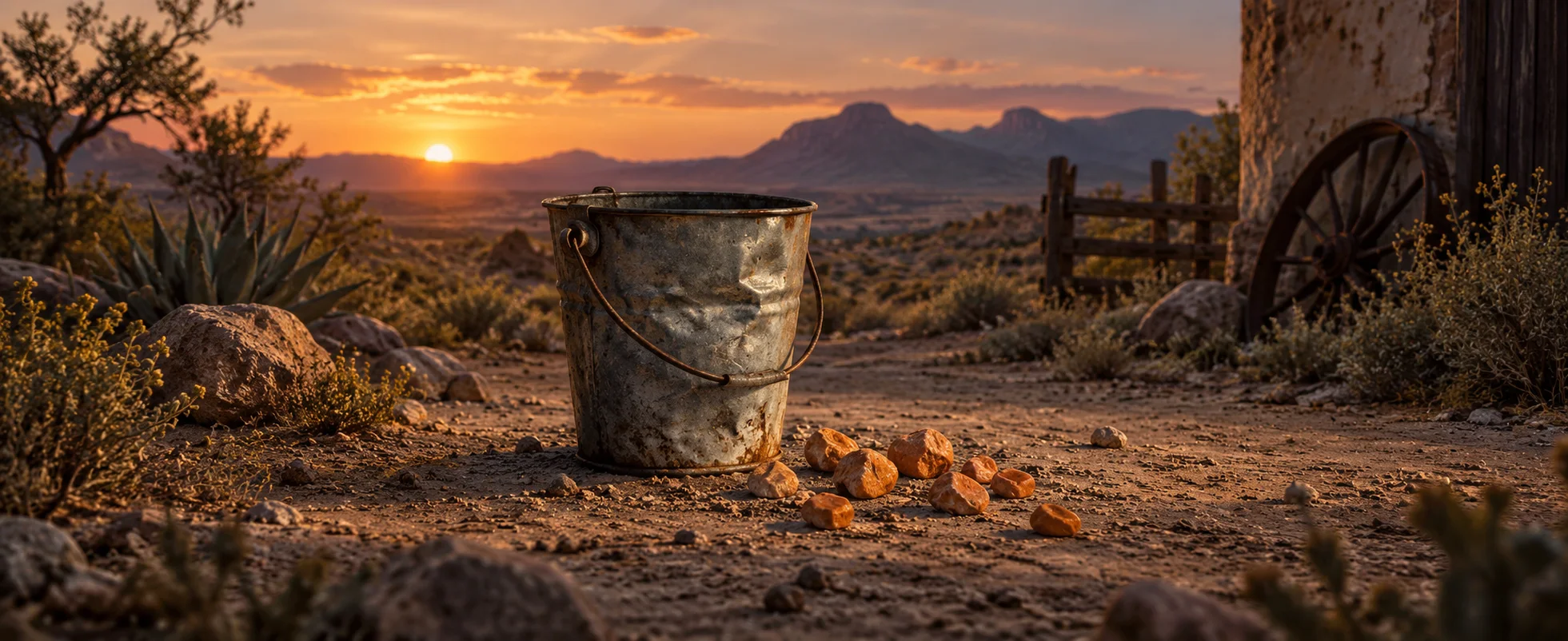 A dented metal bucket stands beside scattered orange pebbles in a dusty desert yard.