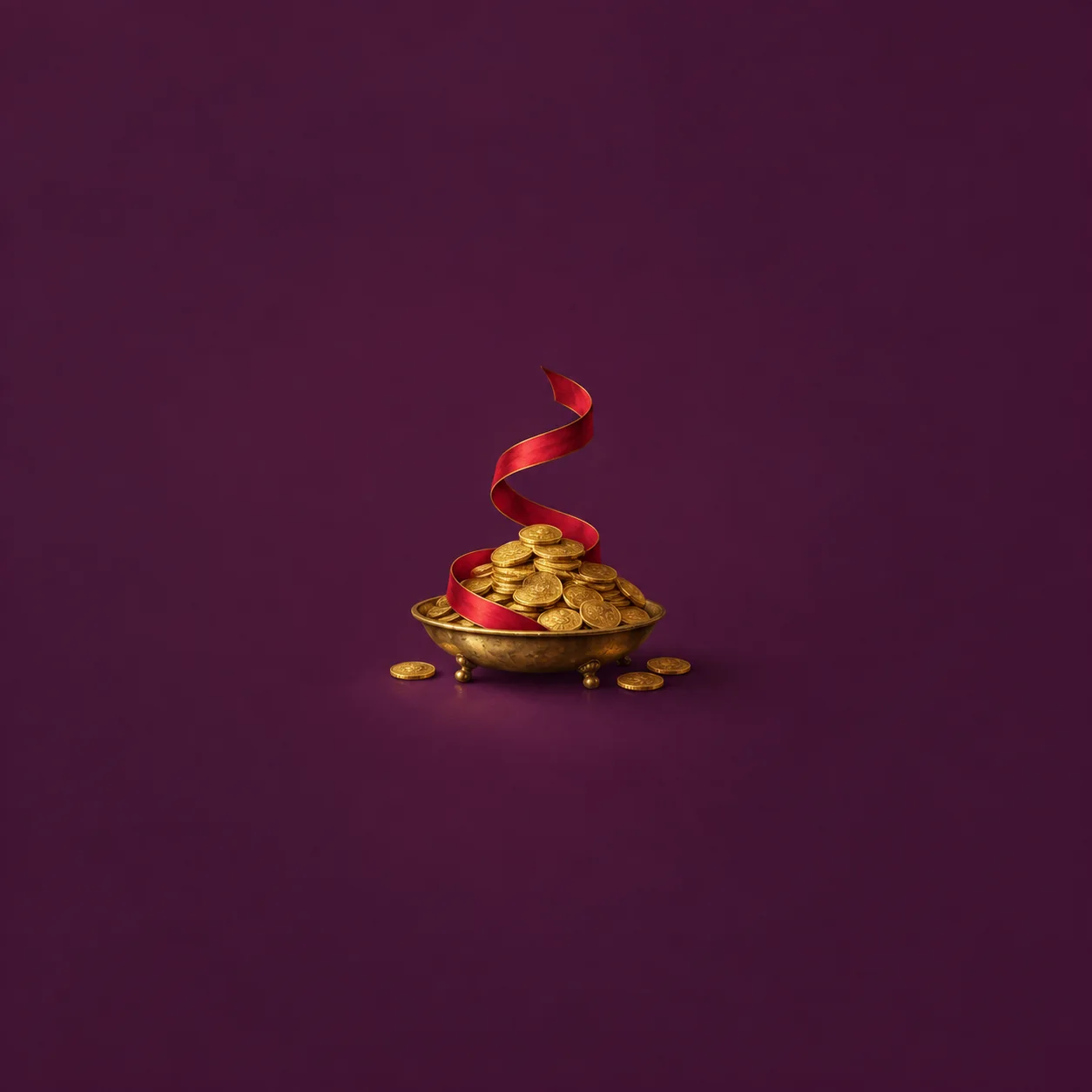 A brass dish full of gold coins with a red ribbon curling out of it on a purple background.