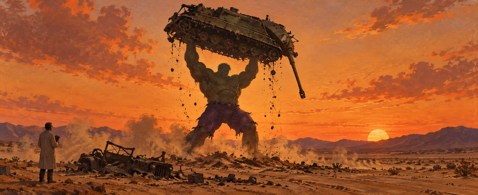 A huge green giant lifts a tank over his head in the desert at sunset as a lone scientist watches.