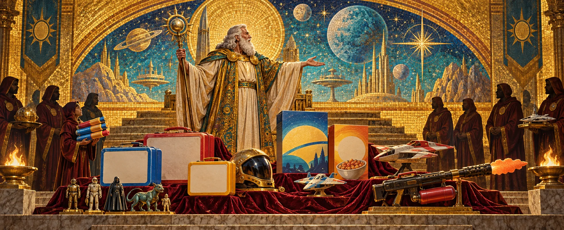 A small bearded sage in robes holds court in a gilded temple, little robed attendants at the sides.