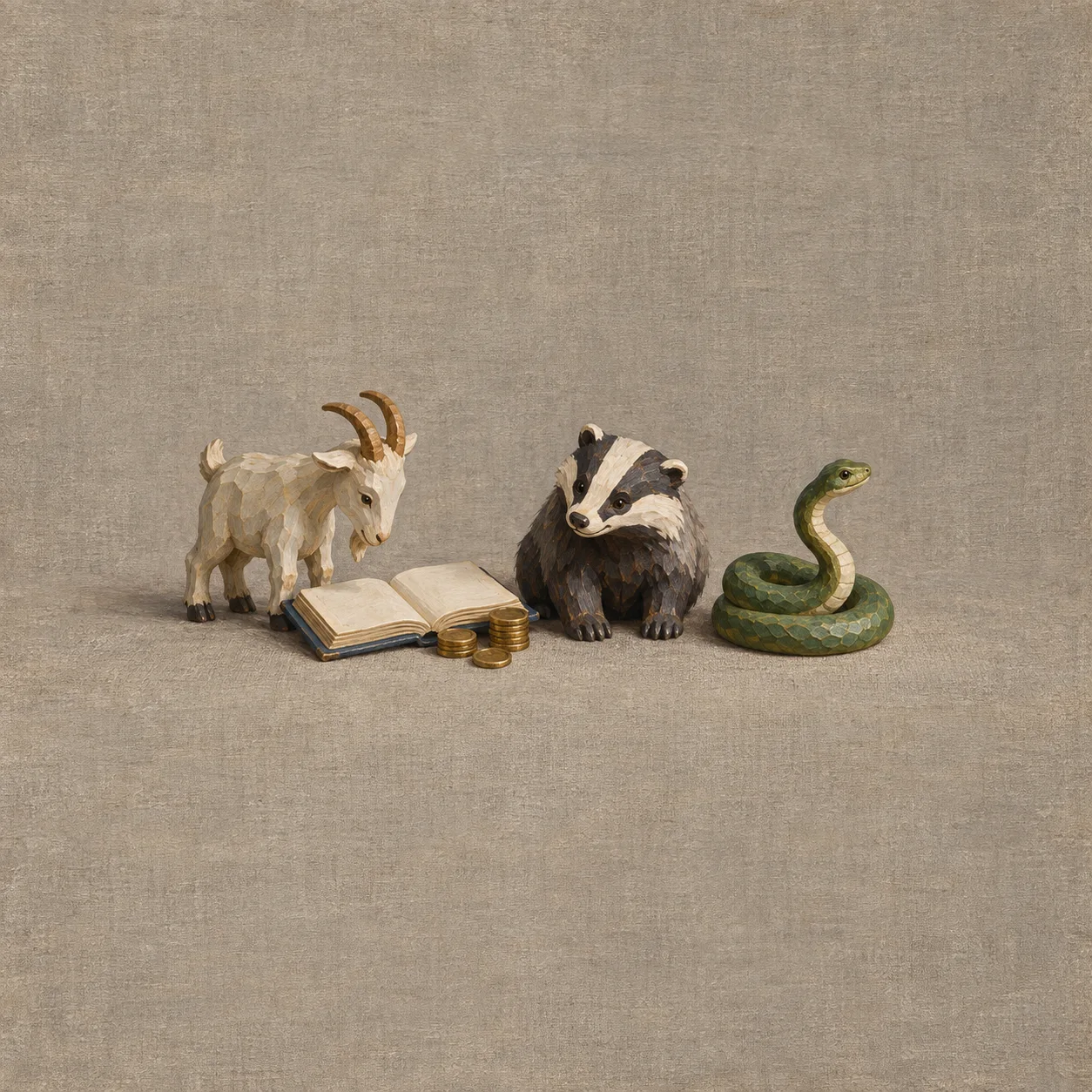 A wooden goat stands beside a blank ledger and coins, next to a striped-faced wooden badger and coiled green snake.