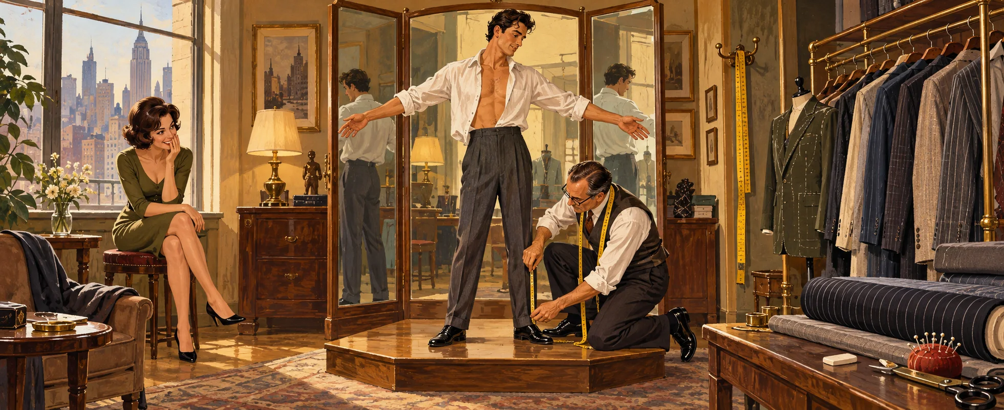 A man stands on a tailor's platform being measured as a woman watches from an armchair.