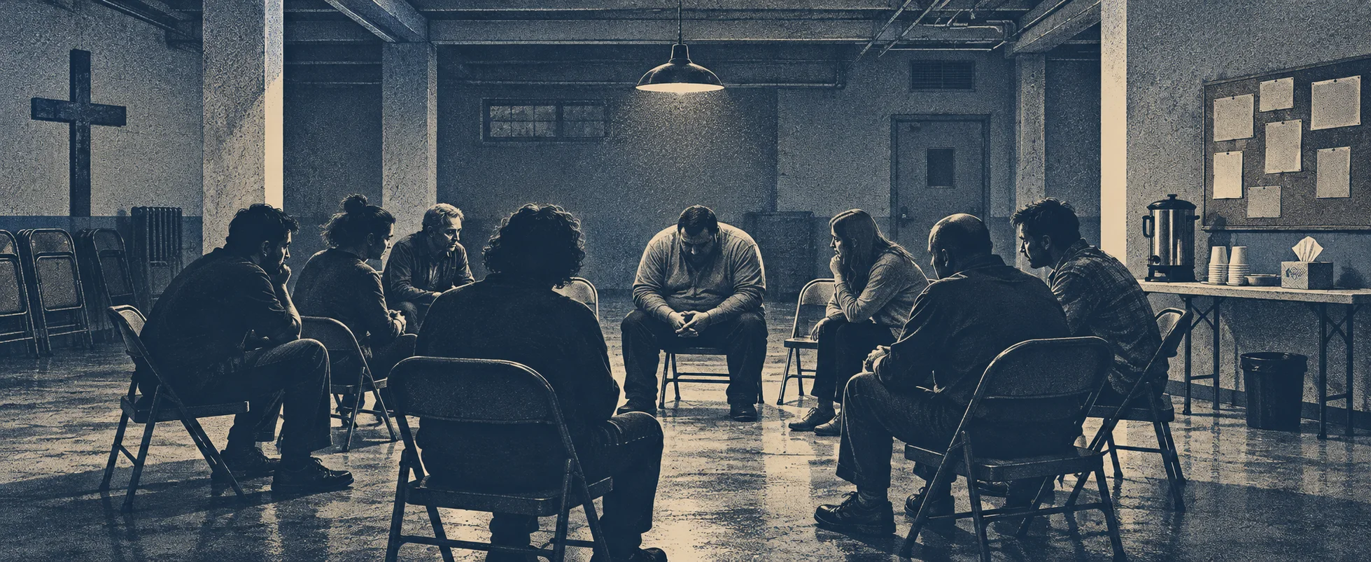A circle of people sits on folding chairs in a church-hall support group under a single lamp.