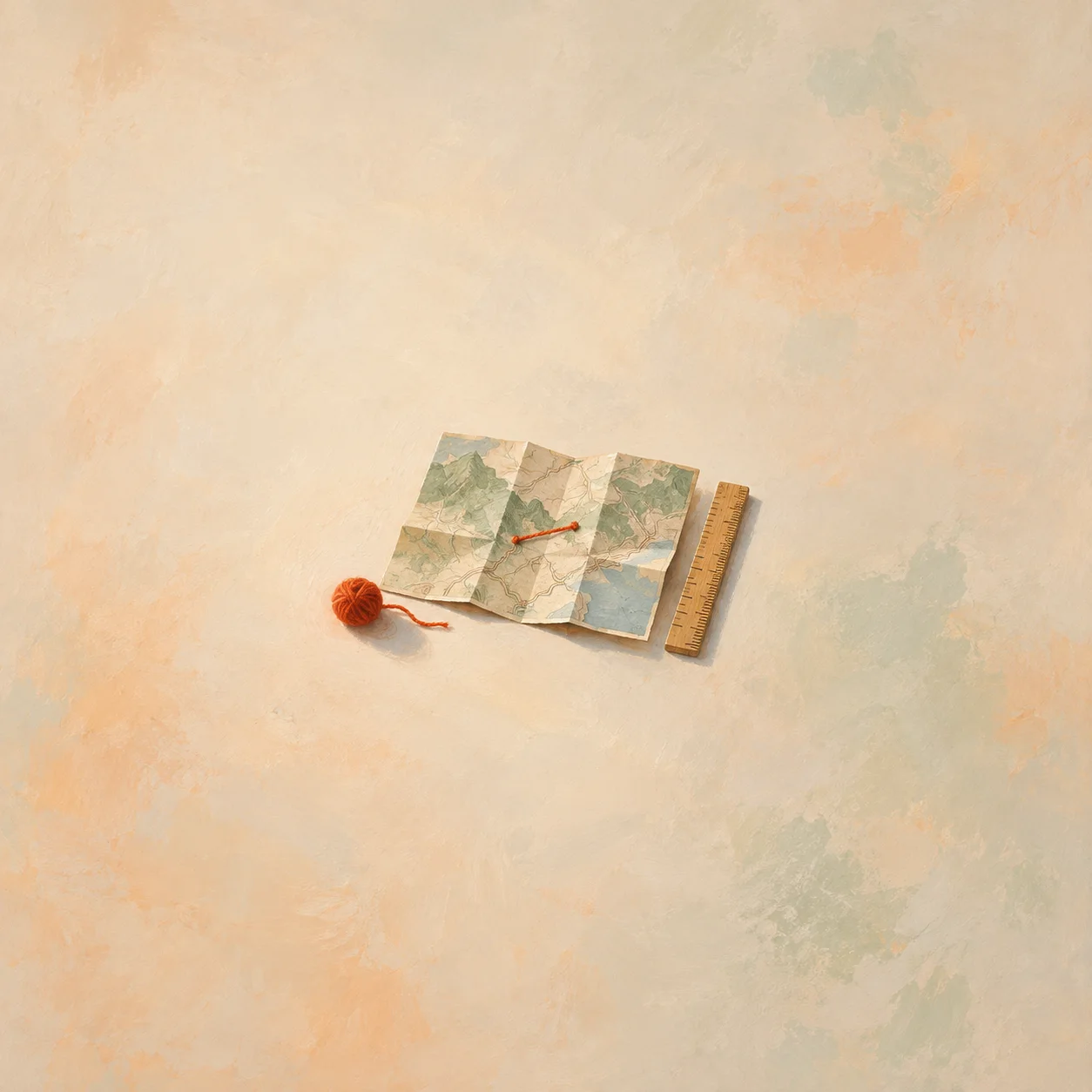A folded map has a short red yarn line across it, with a small yarn ball and a wooden ruler beside it.