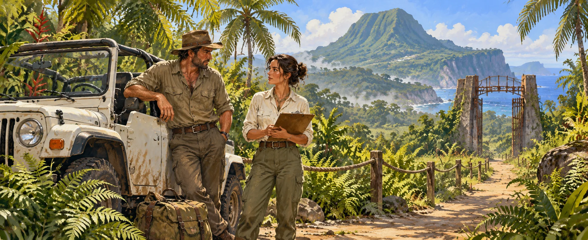 A man in a wide-brimmed hat and a woman with a clipboard chat by a muddy jeep near a huge jungle gate.