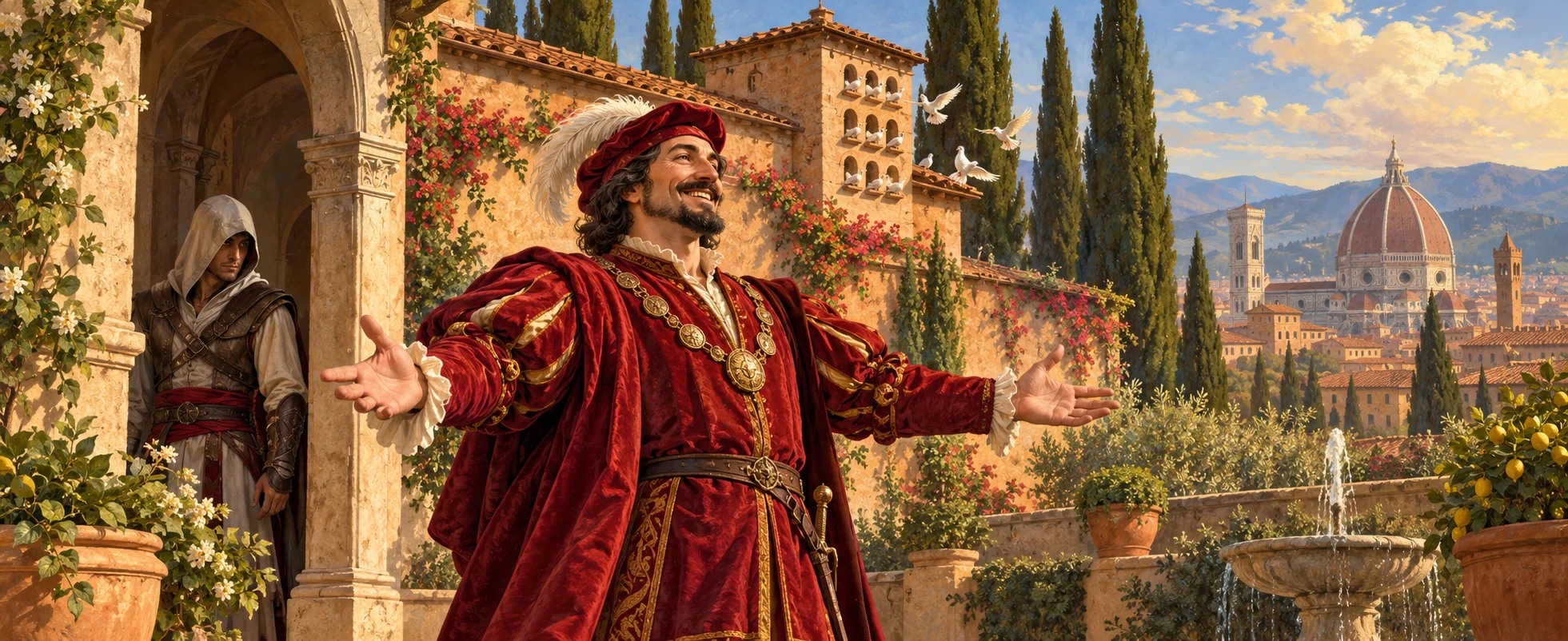 A jovial Renaissance nobleman in red velvet throws his arms wide in greeting in a Tuscan villa courtyard as a hooded young assassin looks on.