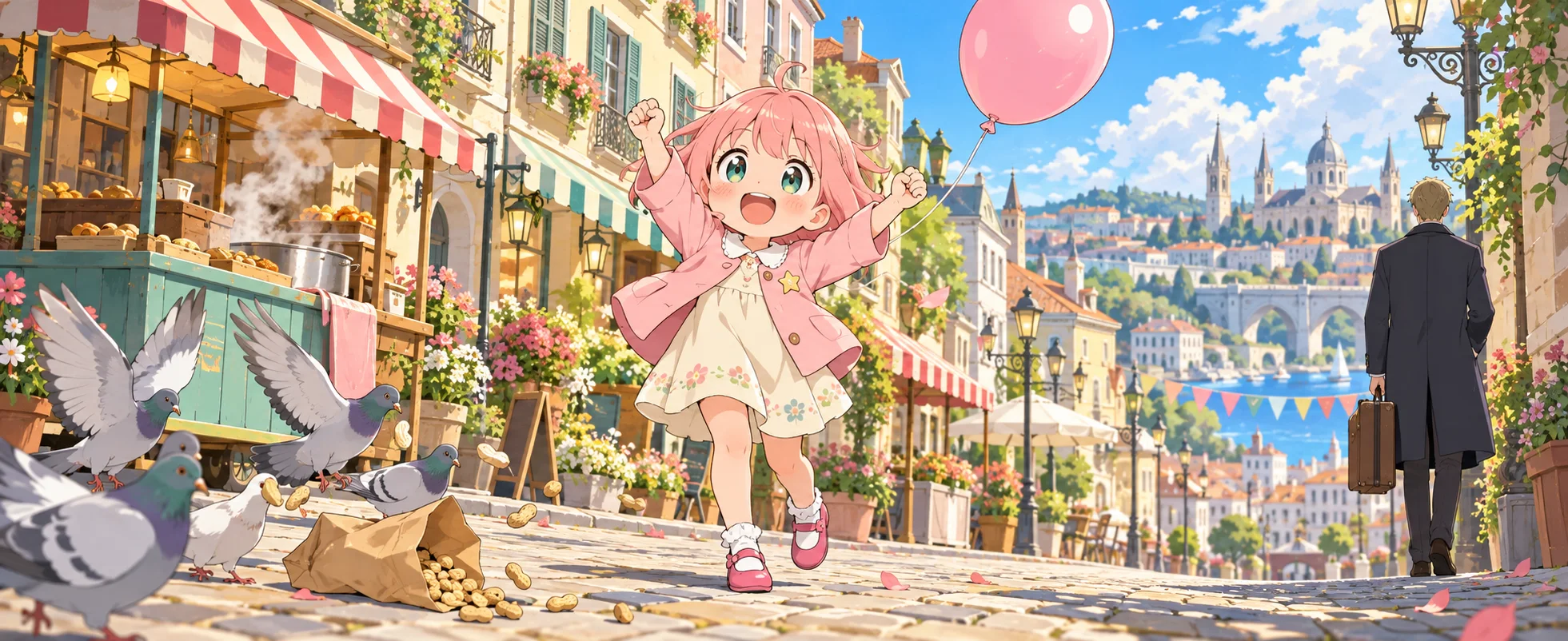 A small pink-haired girl in a pink jacket throws up her arms in delight on a sunny European street of pastel houses, a man with a briefcase walking ahead.